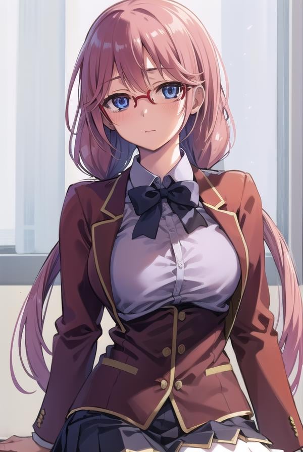 airisakura, <lora:airisakura-lora-nochekaiser:1>,airi sakura, blue eyes, glasses, long hair, pink hair, (low twintails:1.5),BREAK glasses, advanced nurturing high school uniform, blazer, red blazer, bow, bowtie, collared shirt, jacket, long sleeves, pleated skirt, school uniform, shirt, shoes, skirt, white shirt, white skirt, white socks,BREAK looking at viewer, full body,BREAK indoors, classroom,BREAK <lyco:GoodHands-beta2:1>, (masterpiece:1.2), best quality, high resolution, unity 8k wallpaper, (illustration:0.8), (beautiful detailed eyes:1.6), extremely detailed face, perfect lighting, extremely detailed CG, (perfect hands, perfect anatomy),