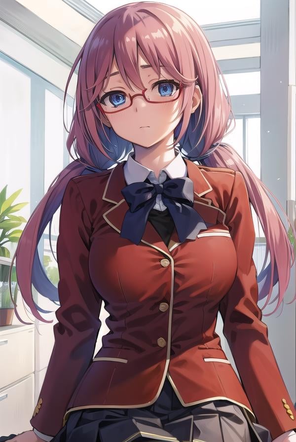 airisakura, <lora:airisakura-lora-nochekaiser:1>,airi sakura, blue eyes, glasses, long hair, pink hair, (low twintails:1.5),BREAK glasses, advanced nurturing high school uniform, blazer, red blazer, bow, bowtie, collared shirt, jacket, long sleeves, pleated skirt, school uniform, shirt, shoes, skirt, white shirt, white skirt, white socks,BREAK looking at viewer, full body,BREAK indoors, classroom,BREAK <lyco:GoodHands-beta2:1>, (masterpiece:1.2), best quality, high resolution, unity 8k wallpaper, (illustration:0.8), (beautiful detailed eyes:1.6), extremely detailed face, perfect lighting, extremely detailed CG, (perfect hands, perfect anatomy),