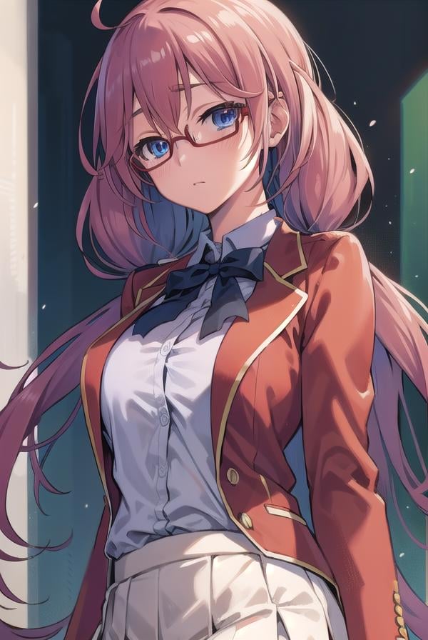 airisakura, <lora:airisakura-lora-nochekaiser:1>,airi sakura, blue eyes, glasses, long hair, pink hair, (low twintails:1.5),BREAK glasses, advanced nurturing high school uniform, blazer, red blazer, bow, bowtie, collared shirt, jacket, long sleeves, pleated skirt, school uniform, shirt, shoes, skirt, white shirt, white skirt, white socks,BREAK looking at viewer, full body,BREAK indoors, classroom,BREAK <lyco:GoodHands-beta2:1>, (masterpiece:1.2), best quality, high resolution, unity 8k wallpaper, (illustration:0.8), (beautiful detailed eyes:1.6), extremely detailed face, perfect lighting, extremely detailed CG, (perfect hands, perfect anatomy),