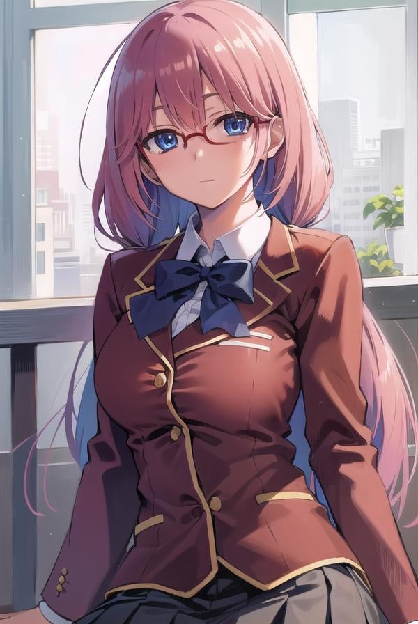 airisakura, <lora:airisakura-lora-nochekaiser:1>,airi sakura, blue eyes, glasses, long hair, pink hair, low twintails,BREAK glasses, advanced nurturing high school uniform, blazer, bow, bowtie, collared shirt, jacket, long sleeves, pleated skirt, school uniform, shirt, shoes, skirt, white shirt, white skirt, white socks,BREAK looking at viewer, full body,BREAK indoors, classroom,BREAK <lyco:GoodHands-beta2:1>, (masterpiece:1.2), best quality, high resolution, unity 8k wallpaper, (illustration:0.8), (beautiful detailed eyes:1.6), extremely detailed face, perfect lighting, extremely detailed CG, (perfect hands, perfect anatomy),