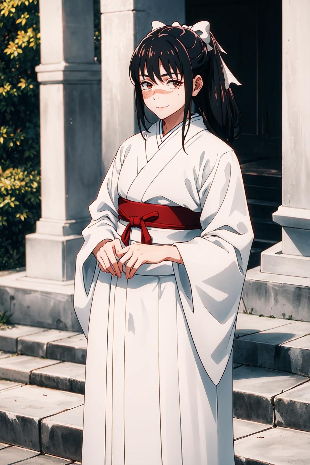 Masterpiece, 1girl, long hair, black hair, solo, bow, hair bow, looking straight, japanese clothes, brown eyes, scar, kimono, scar on face, looking at viewer , white kimono, upper body, pony tail, scar on cheek, skirt, hakama, hakama skirt, red hakama, white bow, closed mouth, blush, scar on nose, ribbon, long sleeves, standing, full body, boots, wide sleeves, brown footwear, Upper Body, Smile <lora:Utahime-03:1>