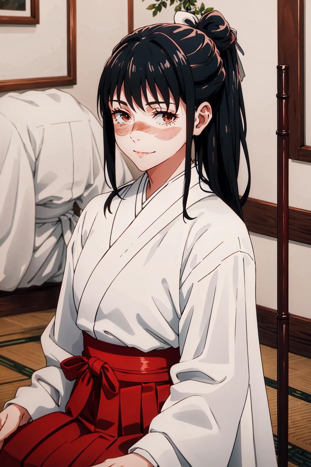 Masterpiece, 1girl, long hair, black hair, solo, bow, hair bow, looking straight, japanese clothes, brown eyes, scar, kimono, scar on face, looking at viewer , white kimono, upper body, pony tail, scar on cheek, skirt, hakama, hakama skirt, red hakama, white bow, closed mouth, blush, scar on nose, ribbon, long sleeves, standing, full body, boots, wide sleeves, brown footwear, Upper Body, Smile, Christmas Tree, Sitting, Large Breasts <lora:Utahime-03:1>