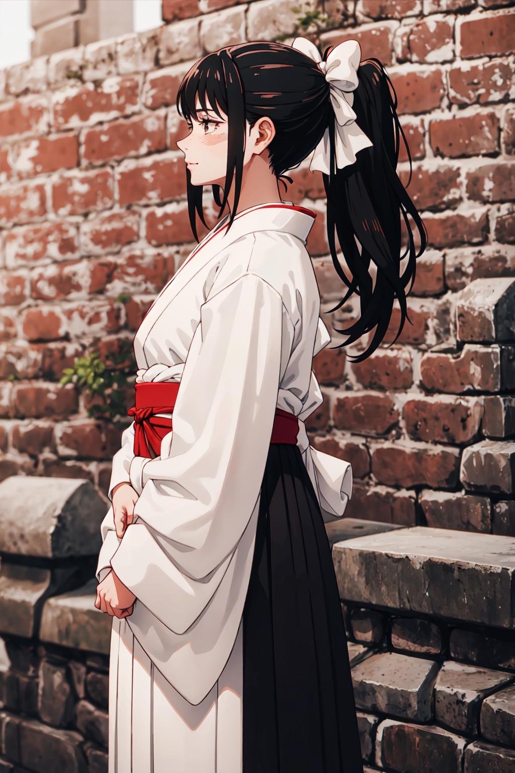 Masterpiece, 1girl, long hair, black hair, solo, bow, hair bow, looking straight, japanese clothes, brown eyes, scar, kimono, scar on face, looking at viewer , white kimono, upper body, outdoors, sweatdrop, ponytail, miko, scar on cheek, skirt, hakama, hakama skirt, red hakama, white bow, closed mouth, blush, brick wall, serious, parody, profile, scar on nose, ribbon, parted lips, solo focus, retro artstyle, lip, simple background, long sleeves, standing, full body, boots, wide sleeves, brown footwear, black background, Upper Body, Smile <lora:Utahime-03:1>