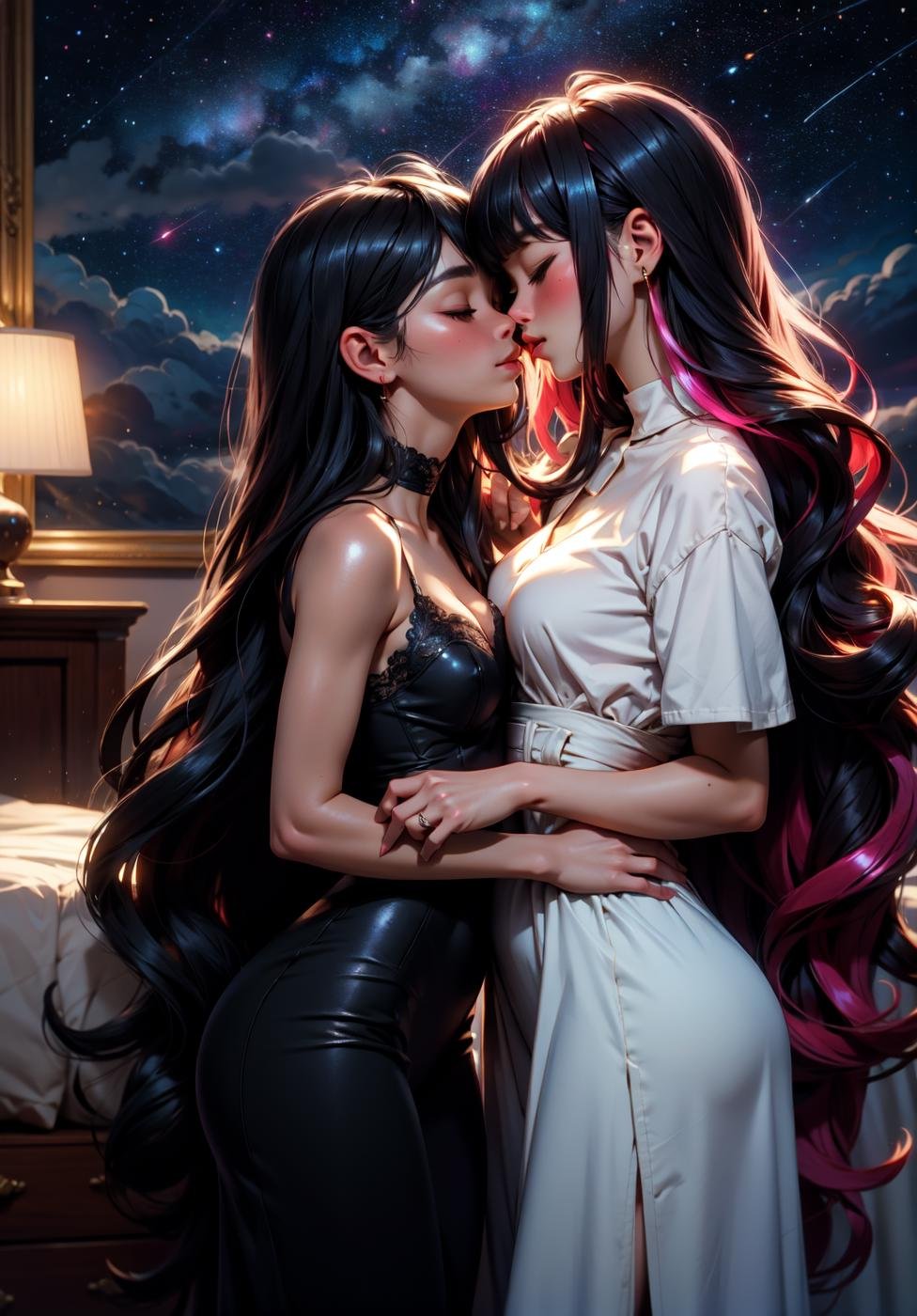 lesbian couple, [1girl, detailed face, closed eyes, pink hair, (shining extra long hair:1.8), narrow waist, wide hips, (medium breasts:1.2), blush, black nighties], [1girl, detailed face, closed eyes, (black hair, red inner hair), (shining extra long hair:1.8), (small breast:1.2), blush, black nighties], (bedroom), portrait, ((clouds, night, starry sky)), kiss,