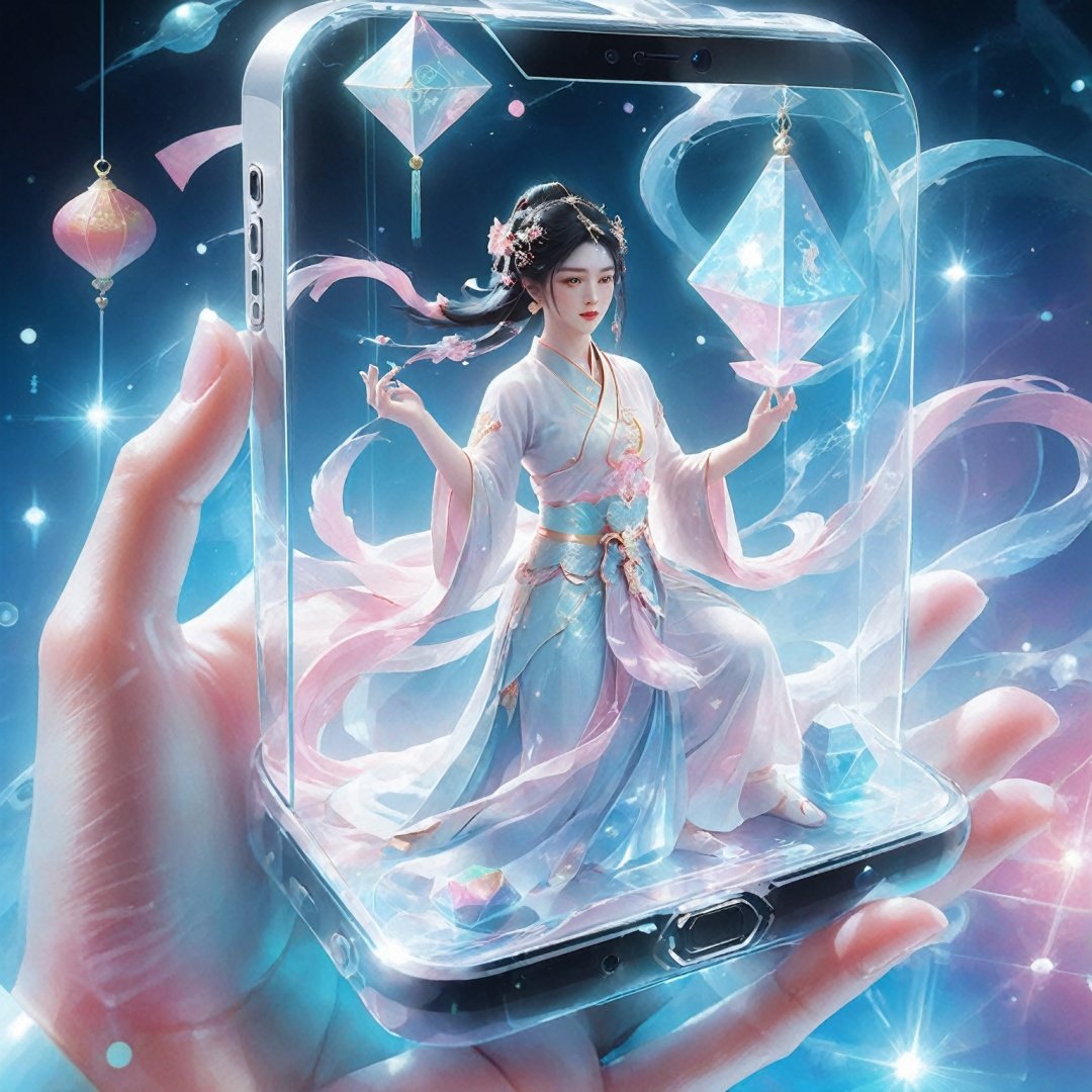 1girl, best quality, eastern mythology, Holographic projection mobile phone from poakl, best quality, cyber world, science fiction world,eastern mythology,candy-coated