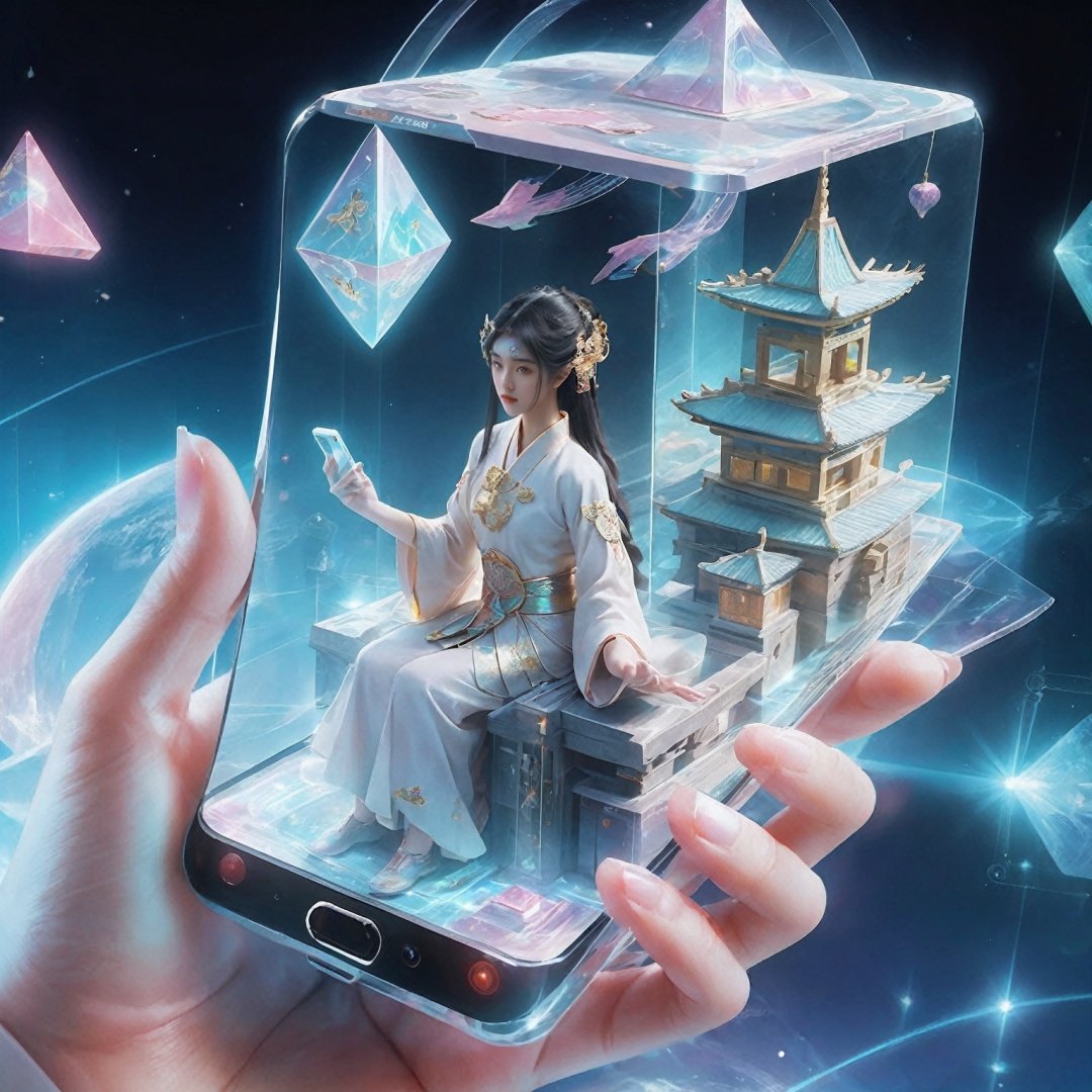 1girl, best quality, eastern mythology, Holographic projection mobile phone from poakl, best quality, cyber world, science fiction world,eastern mythology,candy-coated