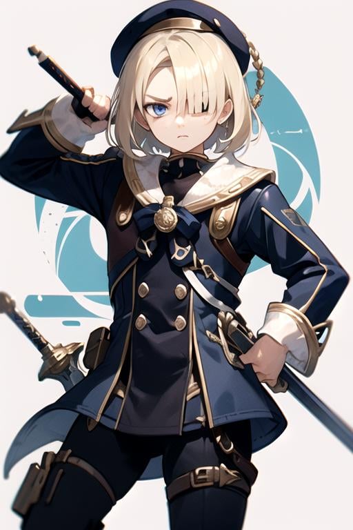 <lora:Freminet-05:0.7>, freminet, solo, looking at viewer, short hair, blue eyes, blonde hair, hair over one eye, 1boy, chibi, sword, greatsword, holding sword, beret, fighting stance, angry, gun, glock, dual wielding, 