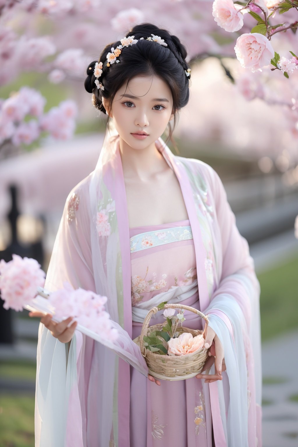 fenmo, fense, 1girl, black hair, flower, hair ornament, realistic, holding, hair flower, blurry, holding flower, chinese clothes, looking at viewer, hanfu, black eyes, basket, blurry background,<lora:春赏-000008:0.5>,hanfu,cho girl,