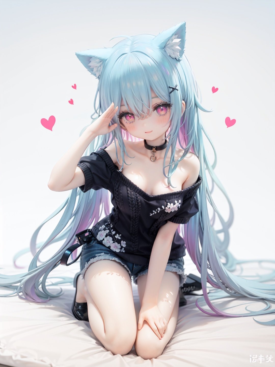 petite, loli, solo, animal ears, heart, puffy short sleeves, blue hair, long hair, off shoulder, bangs, hair ornament, gradient background,rainbow gradient, x hair ornament, animal ear fluff, looking at viewer, very long hair, blush, smile, cat ears, bare shoulders, collarbone, hand up, gradient sweater, hair between eyes, symbol-shaped pupils, arm up, heart-shaped pupils, hairclip, medium breasts, salute, bare legs,full body