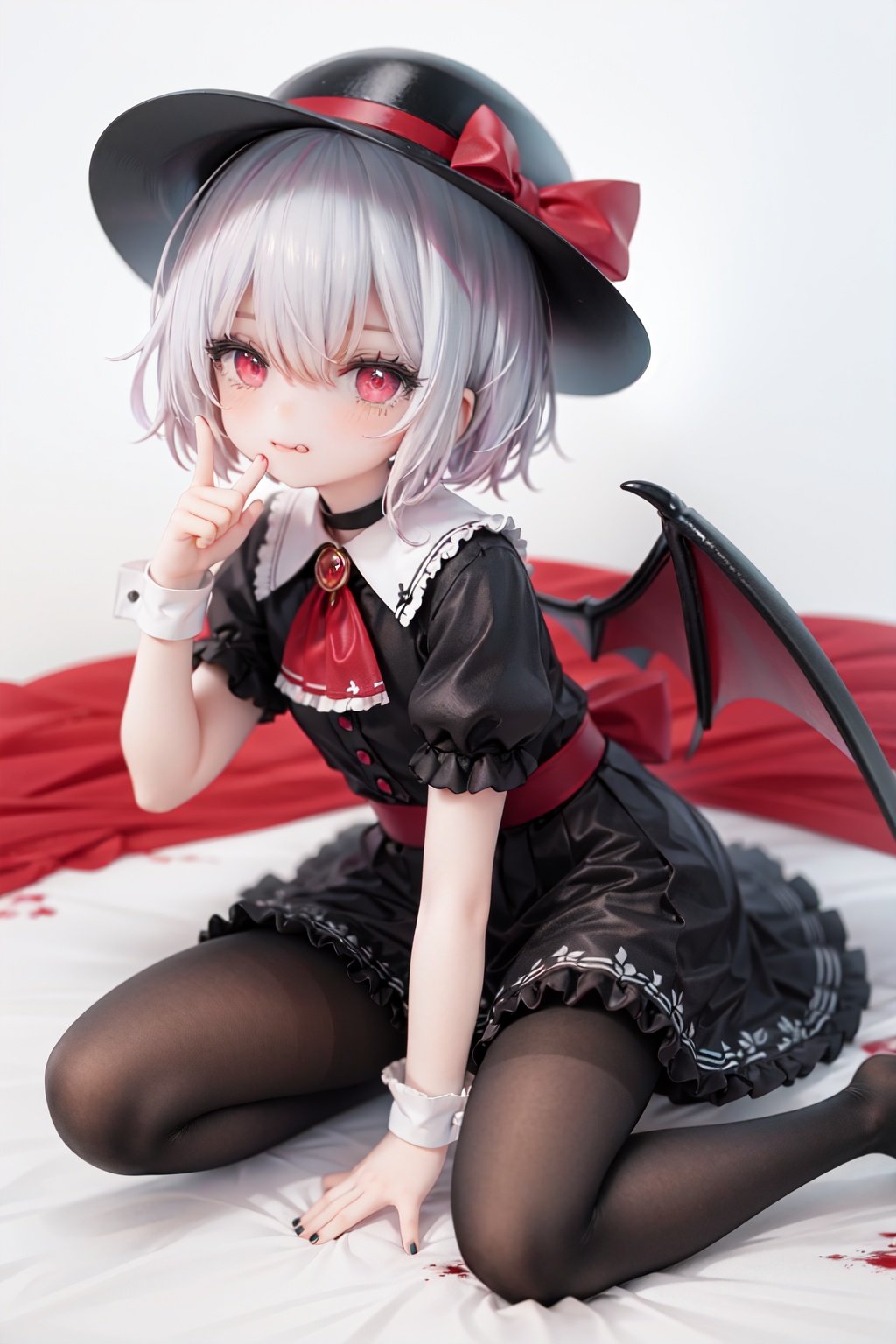 (little girl:1.4), (child:1.4),(petite:1.4), (loli:1.4),,,((solo:1.3)).,1girl, solo, wings, red eyes, hat, remilia scarlet, red background, mob cap, bat wings, ascot, blood, short sleeves, bow, short hair, ribbon, blood on hands, looking at viewer, simple background, full body, puffy sleeves, hat ribbon, blood on face, dress, brooch, red nails, pantyhose, red bow, puffy short sleeves, smile, black pantyhose, wrist cuffs, red ribbon, sitting, jewelry, red ascot, frills, hair between eyes, skirt, white dress, fingernails, sash, shirt, nail polish, no shoes, red theme, sharp fingernails, bangs, tongue, hat bow, grey hair, closed mouth, tongue out, white headwear, slit pupils, blood on clothes, skirt set, hand up, frilled sleeves, invisible chair, white skirt, vampire, frilled shirt collar/.,\nSolo,Battle, {{{{{Slash}}}}},Killing,Attacker,{{Fierce movement}},Ninja,Bloodstain,Core shadow,splatter,{Blood},{{{{Battle scene}}}},angry,Intricate,,{{{Dynamic angle}}},{Stylish pose},{High contrast,Extremely detailed CG unity 8K wallpaper} Sense of movement,blurry background,Kaotic,Lunatic,[[[[[hyper paint, rough design, flat color]]]]],Grin,Whole body,Colorful background,Intricate,Girl wearing black suit,Looking at viewers,{{Stylish}},Persona 5 style art,{{{all out attack(persona 5)}}}