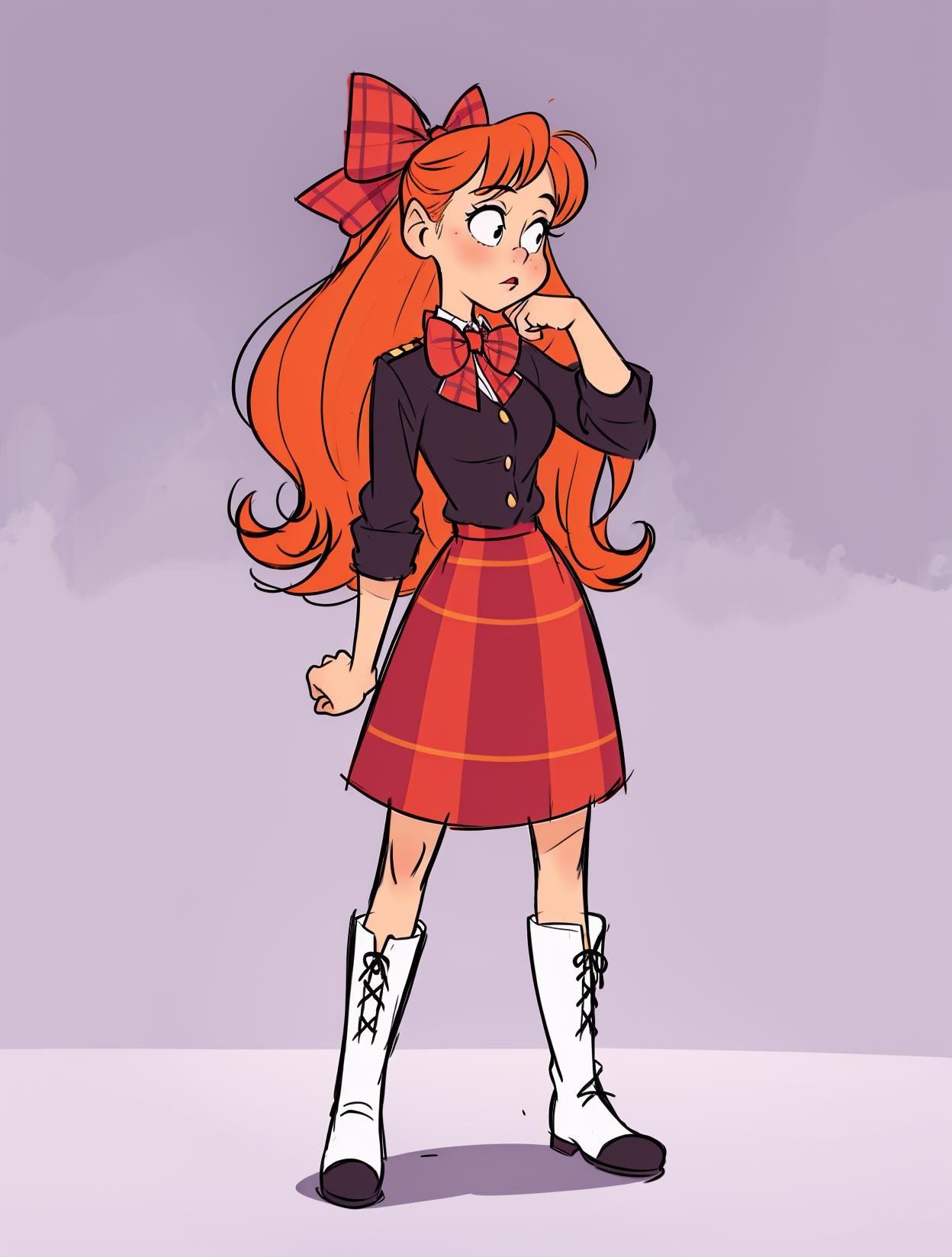 European and American cartoon, original character design, hand drawing, 1girl, solo, long hair, skirt, boots, orange hair, plaid skirt, bow, white background, simple background<lora:Cartoon characters:0.7>,