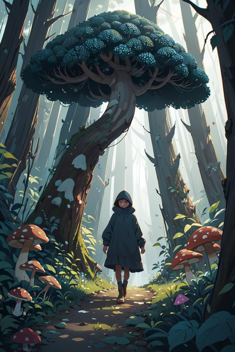 portrait of 1 woman, hood, perspective, walking in the forest, mushrooms, animals (Pointillism Rob Gonsalves) high contrast, best shadow, cinematic lighting (masterpiece, best quality:1.2), scenery,  <lora:GoodHands-vanilla:1>, 