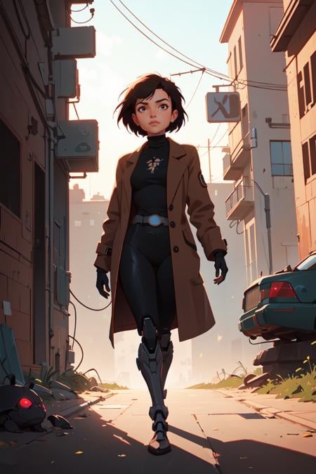 a cyborg girl, battle angel alita, black turtle neck tank top, long brown coat, glowing, (art by Ilya Kuvshinov) shadow, dramatic lighting (masterpiece, best quality ), <lora:GoodHands-vanilla:1>, scenery