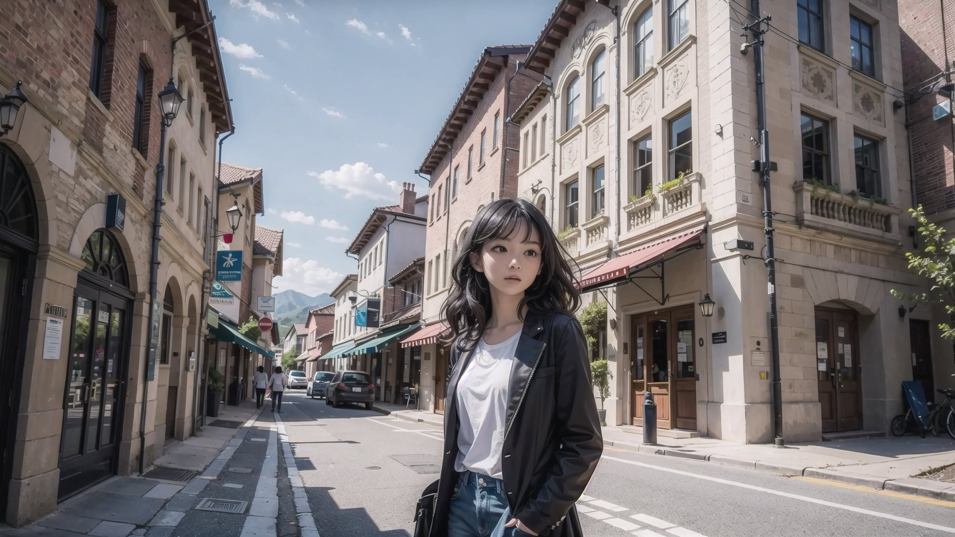 (masterpiece), scenery, architecture, building, 1girl, black hair, medium hair, wavy hair