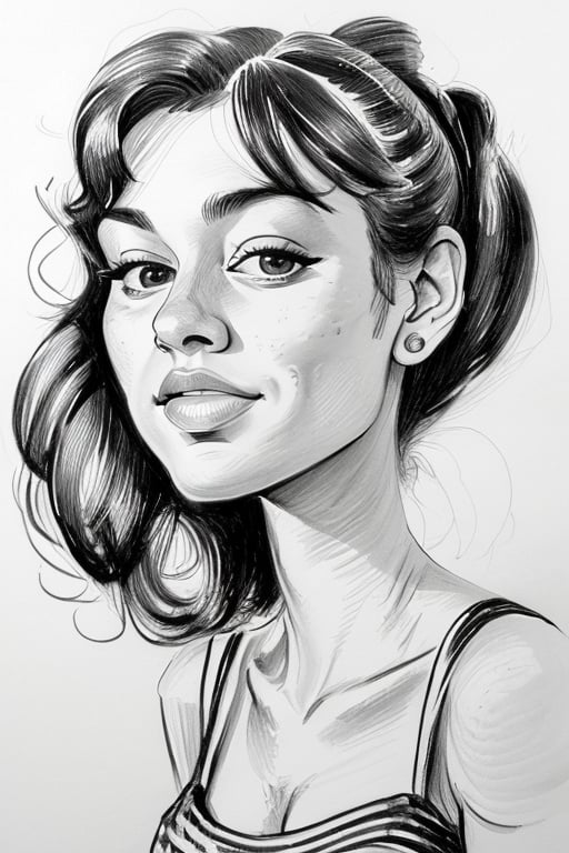 a woman portrait, jenefer,caricature, ink drawing, b&w, simple form, small details<lora:caricature:0.8> <lora:amirabrie-01a:0.8>