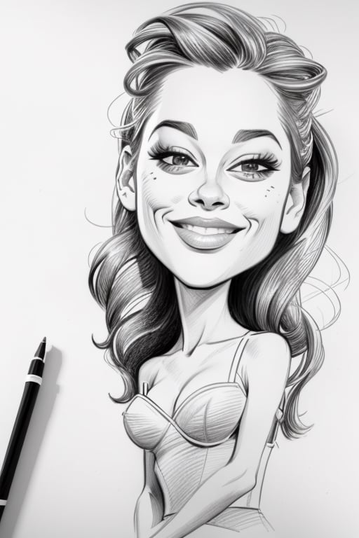 beatifull  sexy girl, caricature, pencil drawing, b&w, masterpiece, cartoon