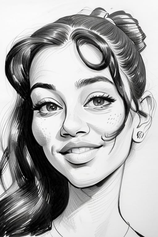 a woman portrait, jenefer,caricature, ink drawing, b&w, simple form, small details<lora:caricature:0.8> <lora:amirabrie-01a:0.8>