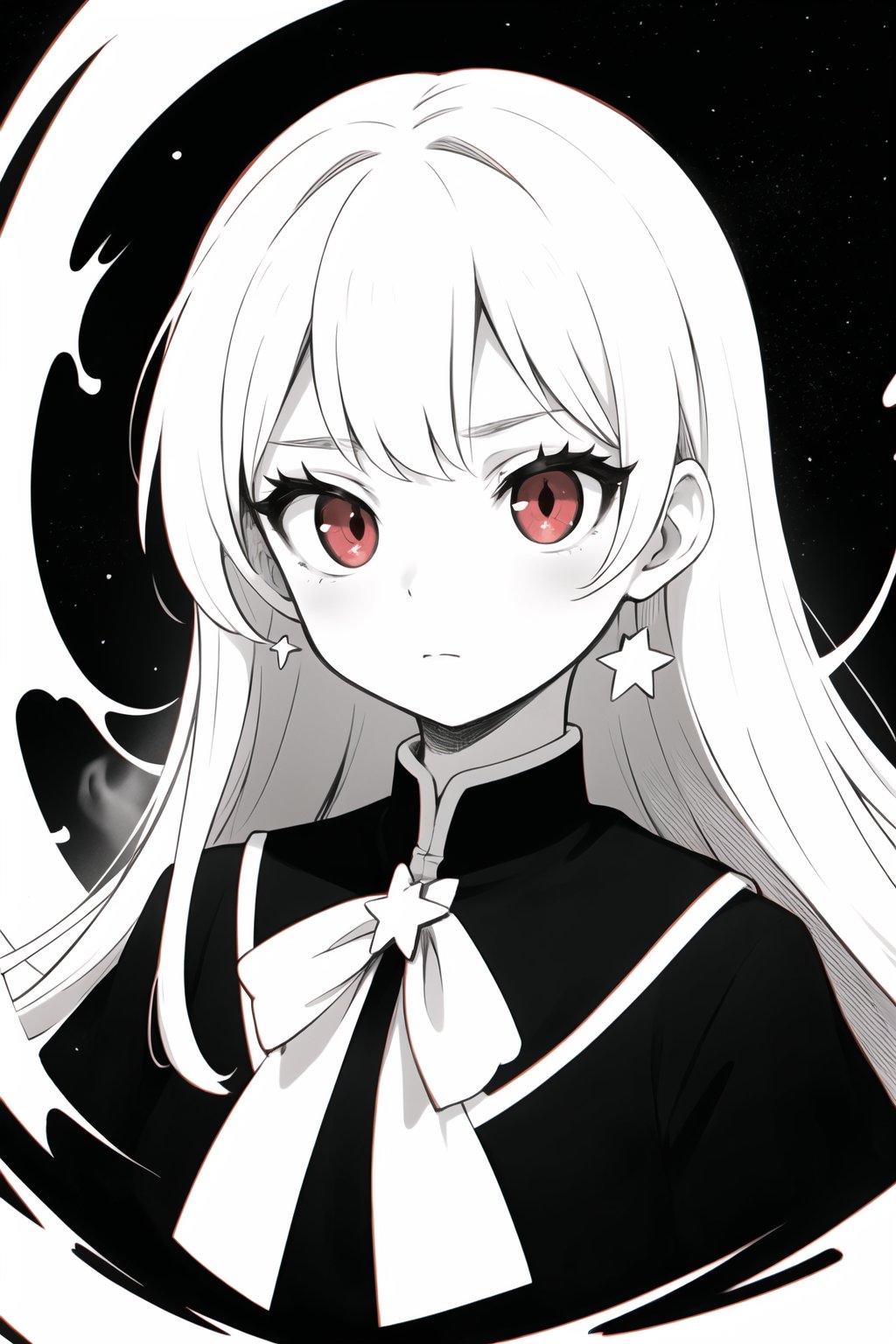 monochrome, black and white, best quality, highly detailed, detailed background, girl, lolita uniform, gothic, red eyes, heavy makeup, long hair, staring, (swirling:1.2), (stars:1.1), (bleeding:0.7), stoic, misty, smoke, (flame:0.8), headshot, portrait, upper body, distorted, fish eye