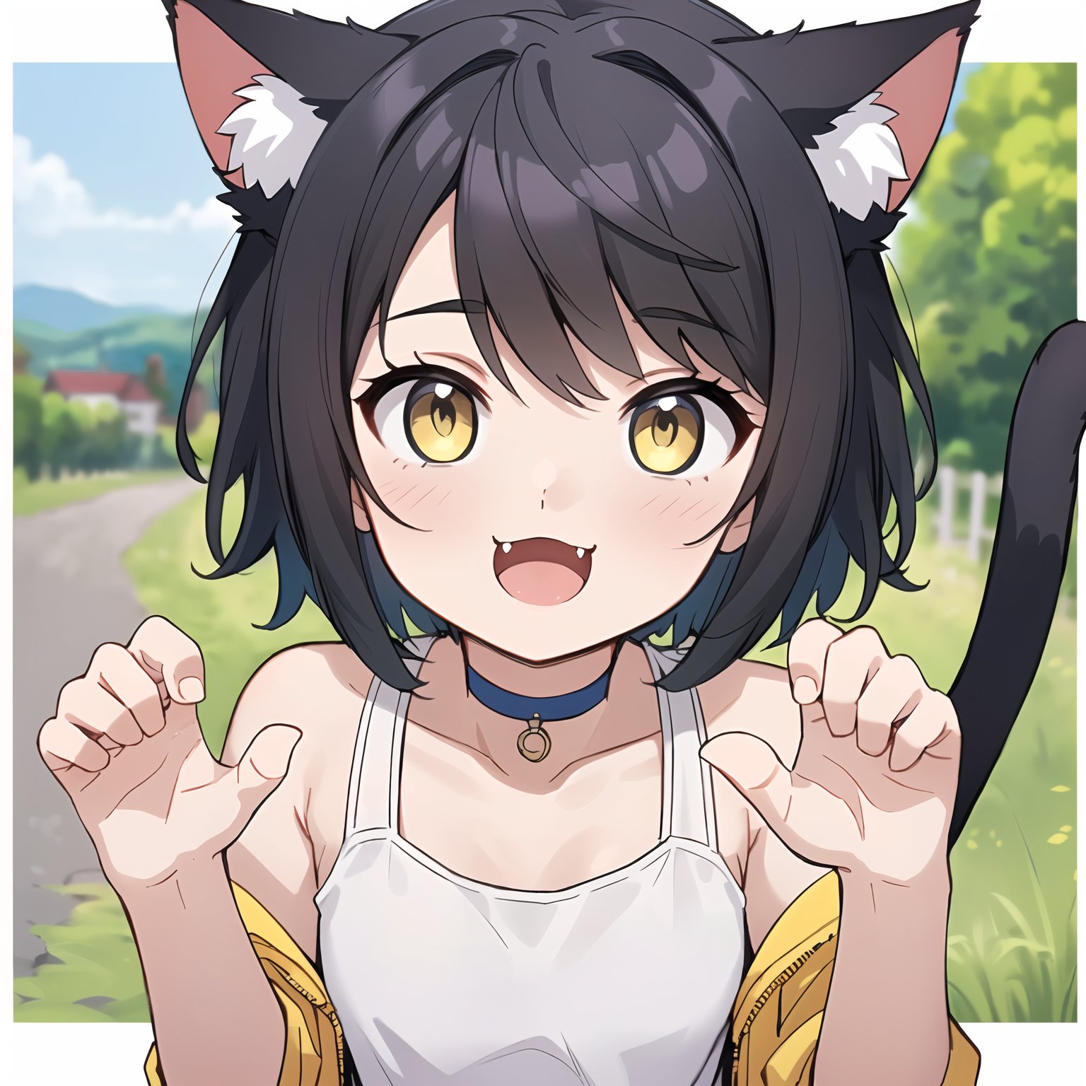 best quality, highly detailed, detailed background, cat girl, cat ears, cat tail, tank top, slim jacket, cat eyes, yellow eyes, short hair, choker, excited, :3, fangs, open mouth, outside, country road, village, rawr, paw hands, close up