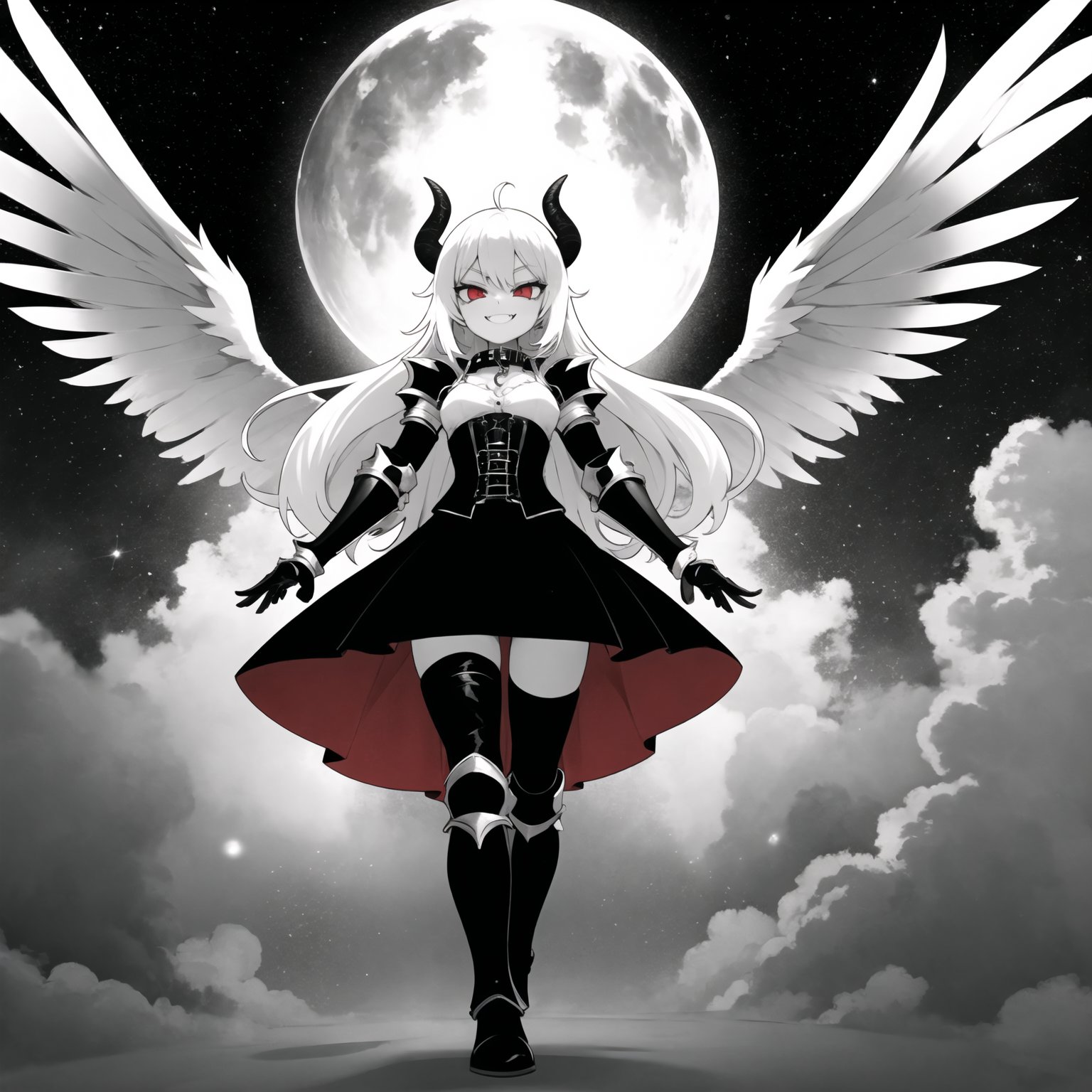 monochrome, black and white, best quality, highly detailed, girl, demon, gauntlets, heavy armor boots, collar, chain leash, blouse, dress, corset, demonic wings, horns, gothic, red eyes, heavy makeup, long hair, staring, smile, fangs, (smirk:1.1), falling, body spread, arms spread, flying downward, speed lines, stars, clouds, sky, stoic, misty, full body, from below, distorted, fish eye