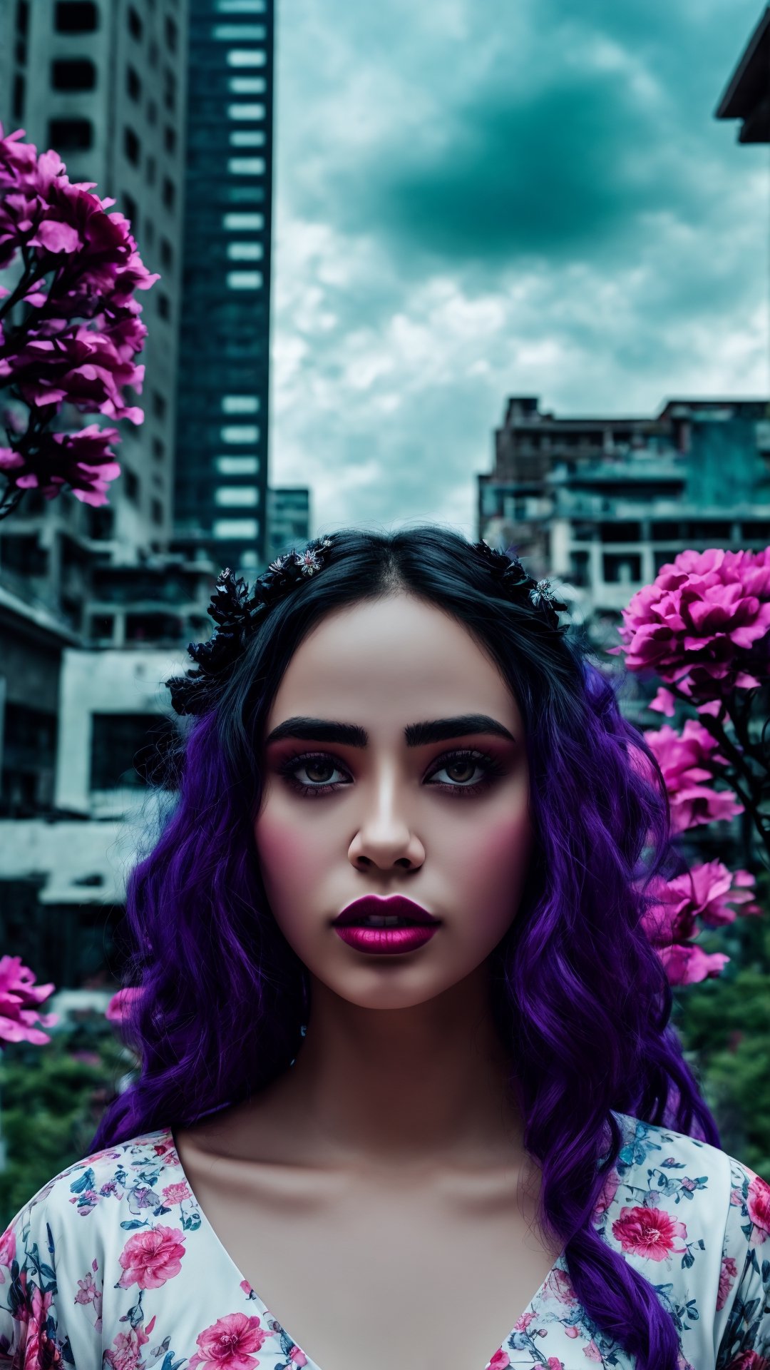 (Masterpiece and highly detailed:1.2), mid shot, centered, Instagram able, sharp focus, 1girl, mythical flower with lot of eyes, beautiful yet dreadful, weird-shaped hand, rise up to the sky, Felled flowers, ultra realistic, tim burton inspired, horror theme, professional, (city background), (epic proportion, epic composition), Photography, studio lighting, Depth of field, Raw photo, panoramic