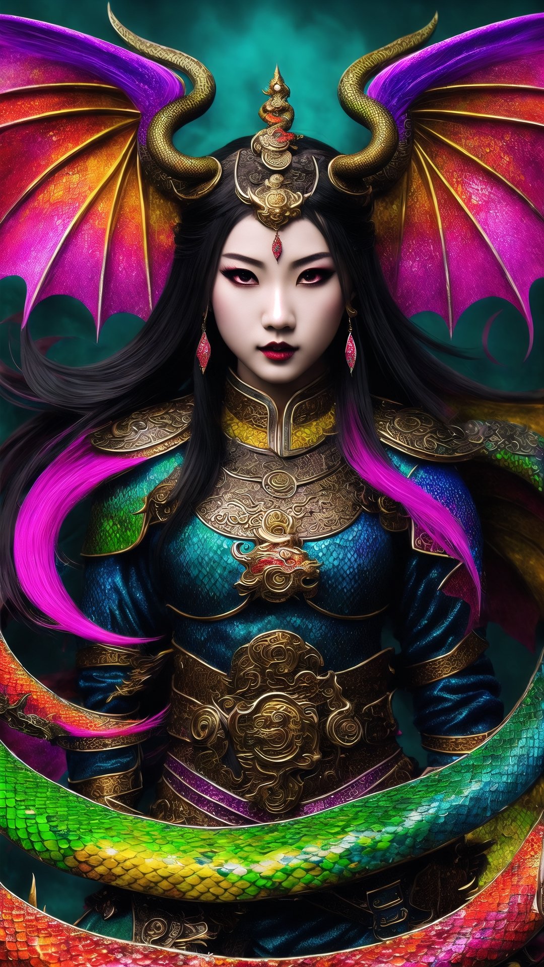 showcase the magnificence of Orochi, colorful masterpiece, 1girl, extremely detailed snake with dragon head, fantasy art, whimsical, splash art, explosive splashes, ultra detailed ambient, sharp focus, best quality, centered, colorful splash, chinese style, legend of orochi,