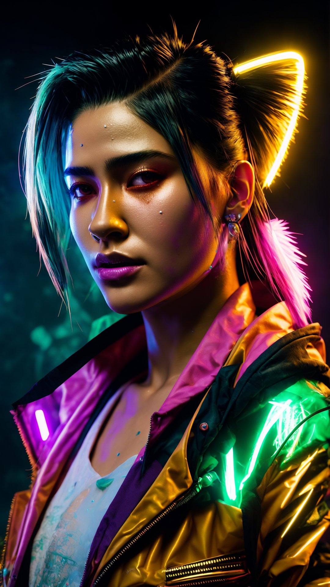 nft style, cyberpunk hedgehog , beautiful eyes, shaved side haircut ,hyper detail, cinematic lighting, magic , by Okuda San Miguel, spray splatter, with neon smoke, portrait, synthwave, hyper detailed, intricate, kaleidoscope, extremely beautiful, cinematic lighting, photo realistic,by mandy jurgens