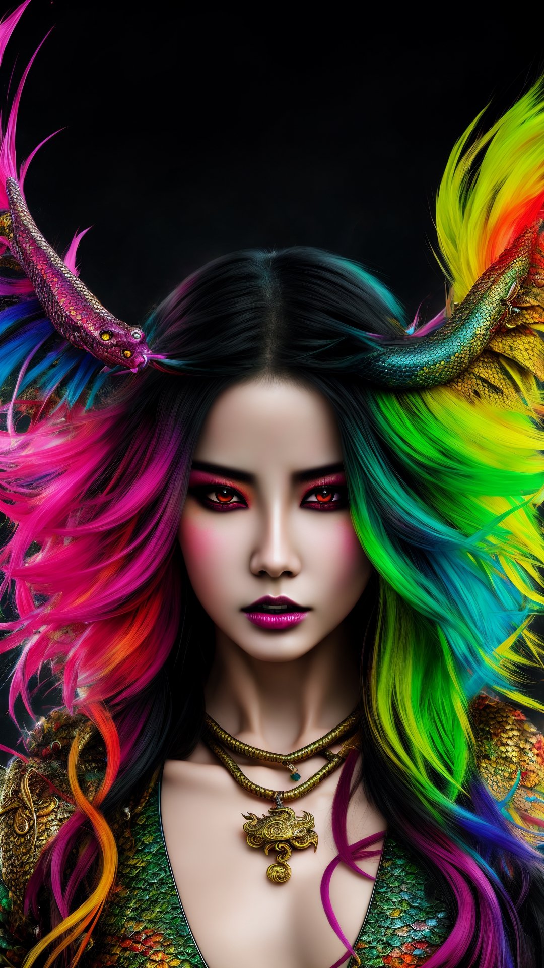 showcase the magnificence of Orochi, colorful masterpiece, 1girl, extremely detailed snake with dragon head, fantasy art, whimsical, splash art, explosive splashes, ultra detailed ambient, sharp focus, best quality, centered, colorful splash, chinese style, legend of orochi,Realistic