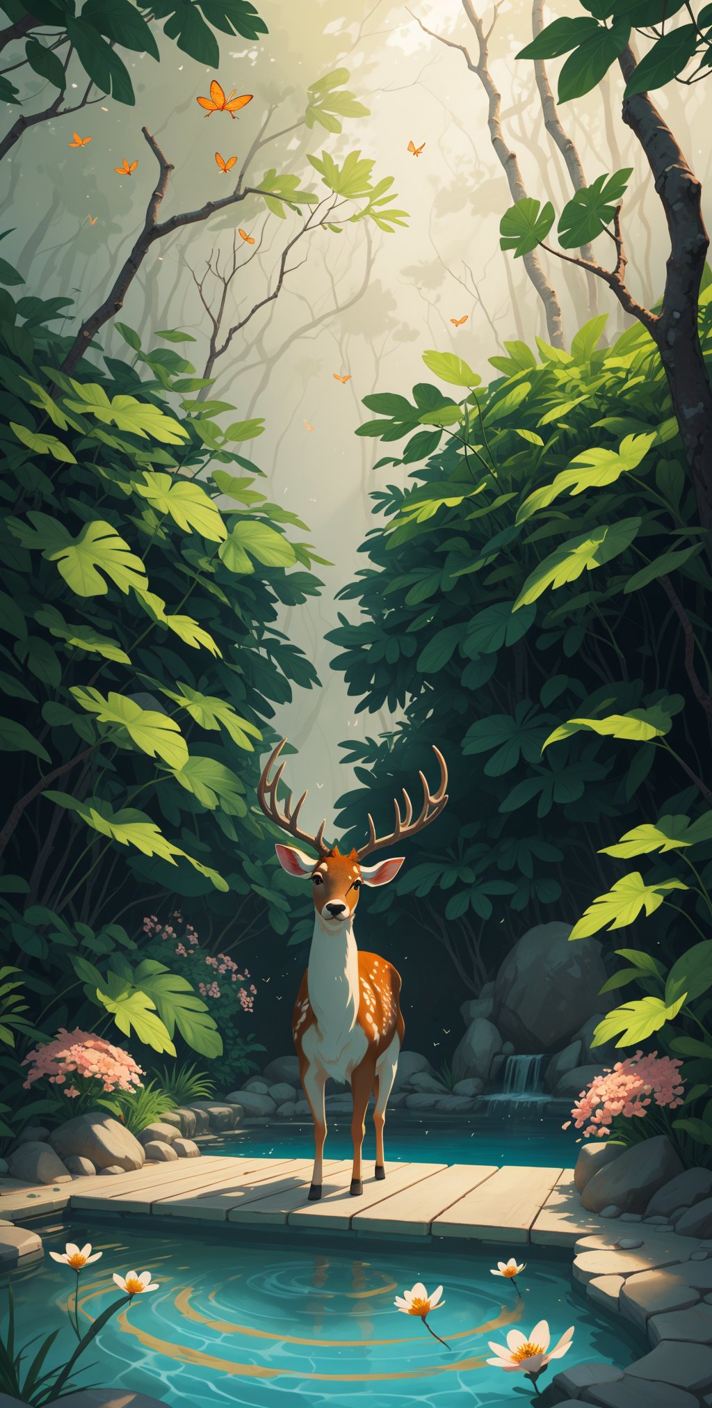 (Masterpiece, best quality:1.2),(best illustration),(best shadows),glow sprite,with a glowing deer,in the swimming pool Drinking water,natural elements in the forest theme. Mysterious forest,beautiful forest,nature,surrounded by flowers,delicate leaves and branches surrounded by fireflies (natural elements),(jungle theme),(leaves),(twigs),(fireflies),(particle effects) etc. 3D,Octane rendering,ray tracing,super detailed,