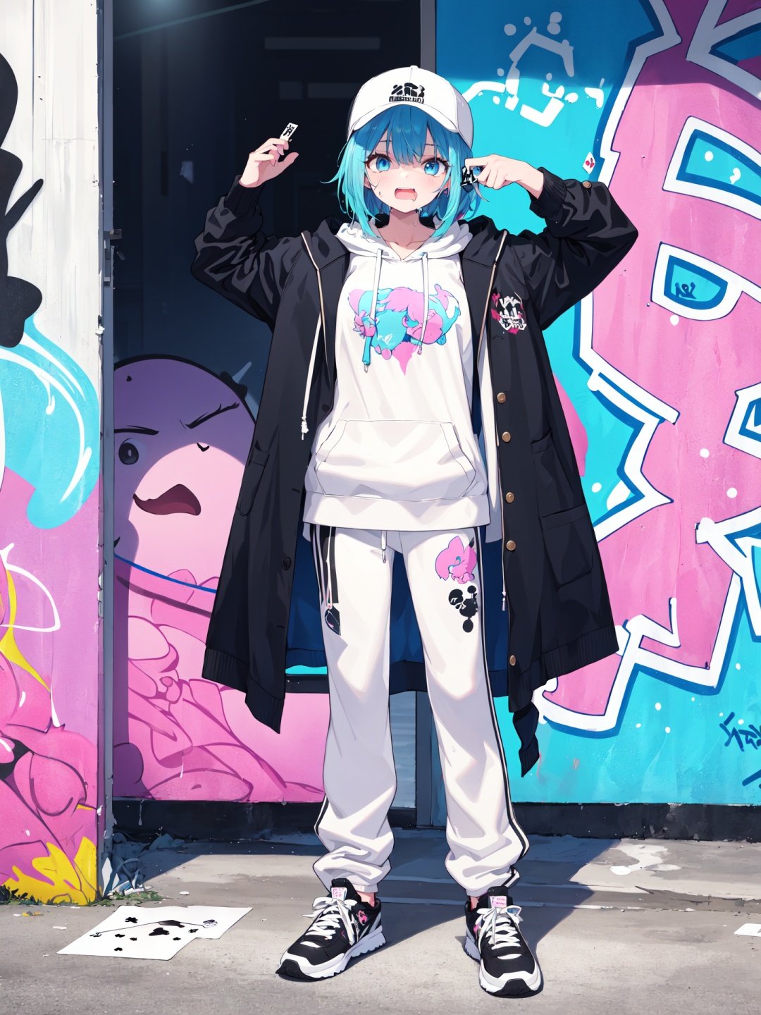 1girl,solo,masterpiece,full_body,absurdres,neon punk,lens_flare,dancer,male,tan lines,model,pectorals,pleated_skirt,evening_gown,loose_socks,long coat,plaid_scarf,baseball_uniform,azure hair,medium hair,blunt bangs,spiked hair,lying,holding hair,open stance,playing card,gradient,bags under eyes,drooling,laughing,exhausted,universe,Skytree,downtown,bridge,curtains,(Graffiti_printed_hoodie:1.4),(Track_pants:1.3),(Chunky_sneakers:1.2),graduation costume, cap and gown, tassel, graduation ceremony,pegging,