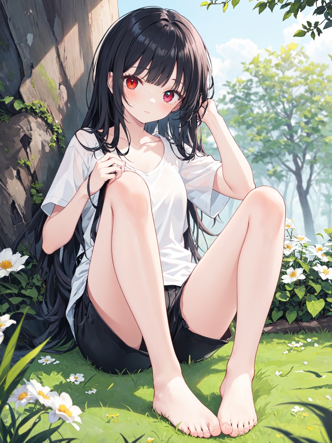 1girl, nature, barefoot, forest, sitting, long hair, black hair, shirt, flower, outdoors, grass, solo, shorts, tree, bangs, animal, white shirt, short sleeves, knee up, blurry, collarbone, heterochromia, blunt bangs, red eyes, snake, looking at viewer, closed mouth, oversized animal