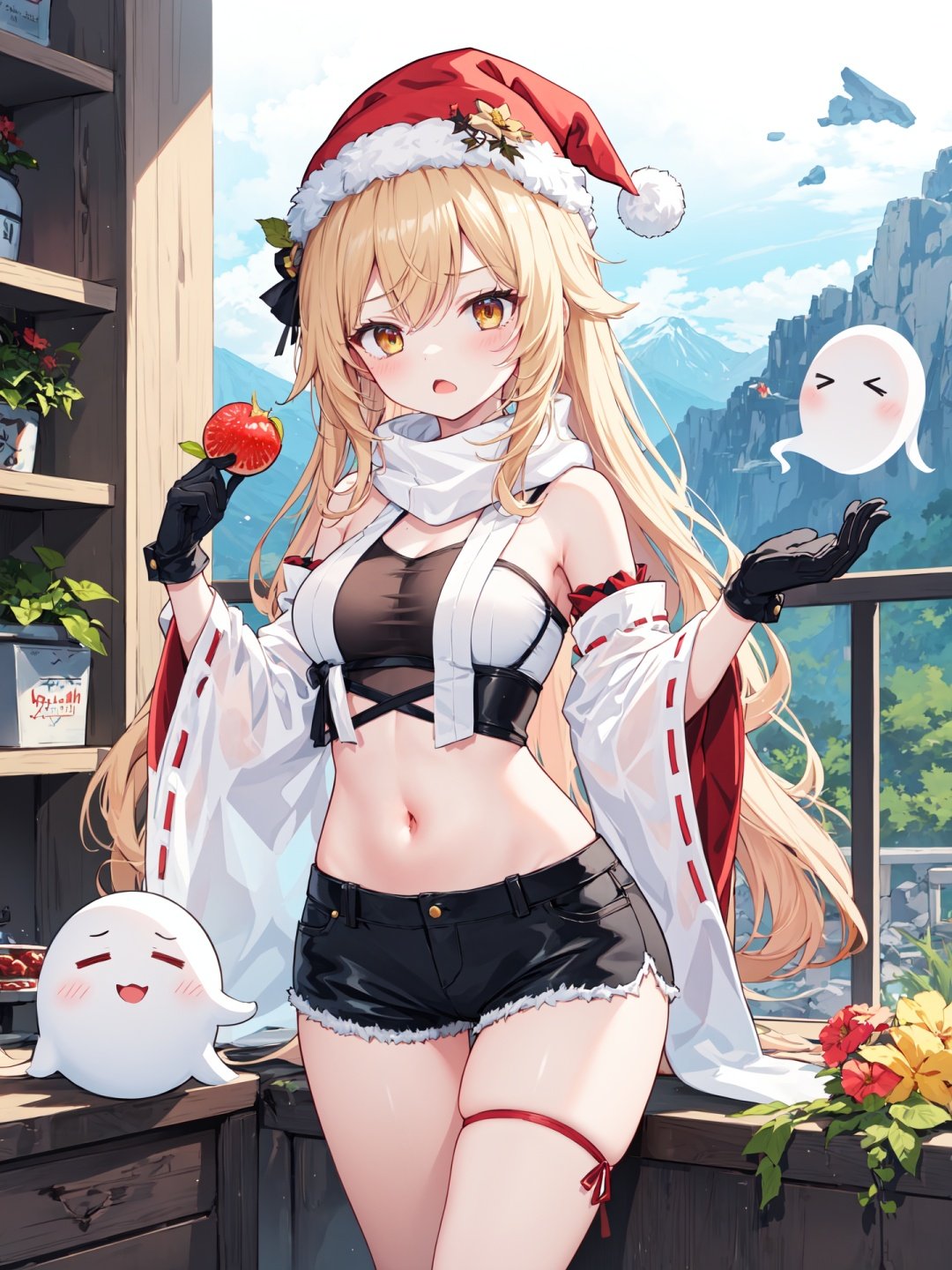 1girl, alternate_costume, animal_ears, bangs, bare_shoulders, black_gloves, brown_footwear, clapping, closed_eyes, commentary, contemporary, crop_top, english_commentary, flower, frown, genshin_impact, ghost, gloves, health_bar, highres, holding_fruit, holding_shovel, kujou_sara, mountain, nontraditional_miko, open_mouth, santa_hat, scarf, shorts, sidelocks, wide_sleeves, xinzoruo, yellow_eyes