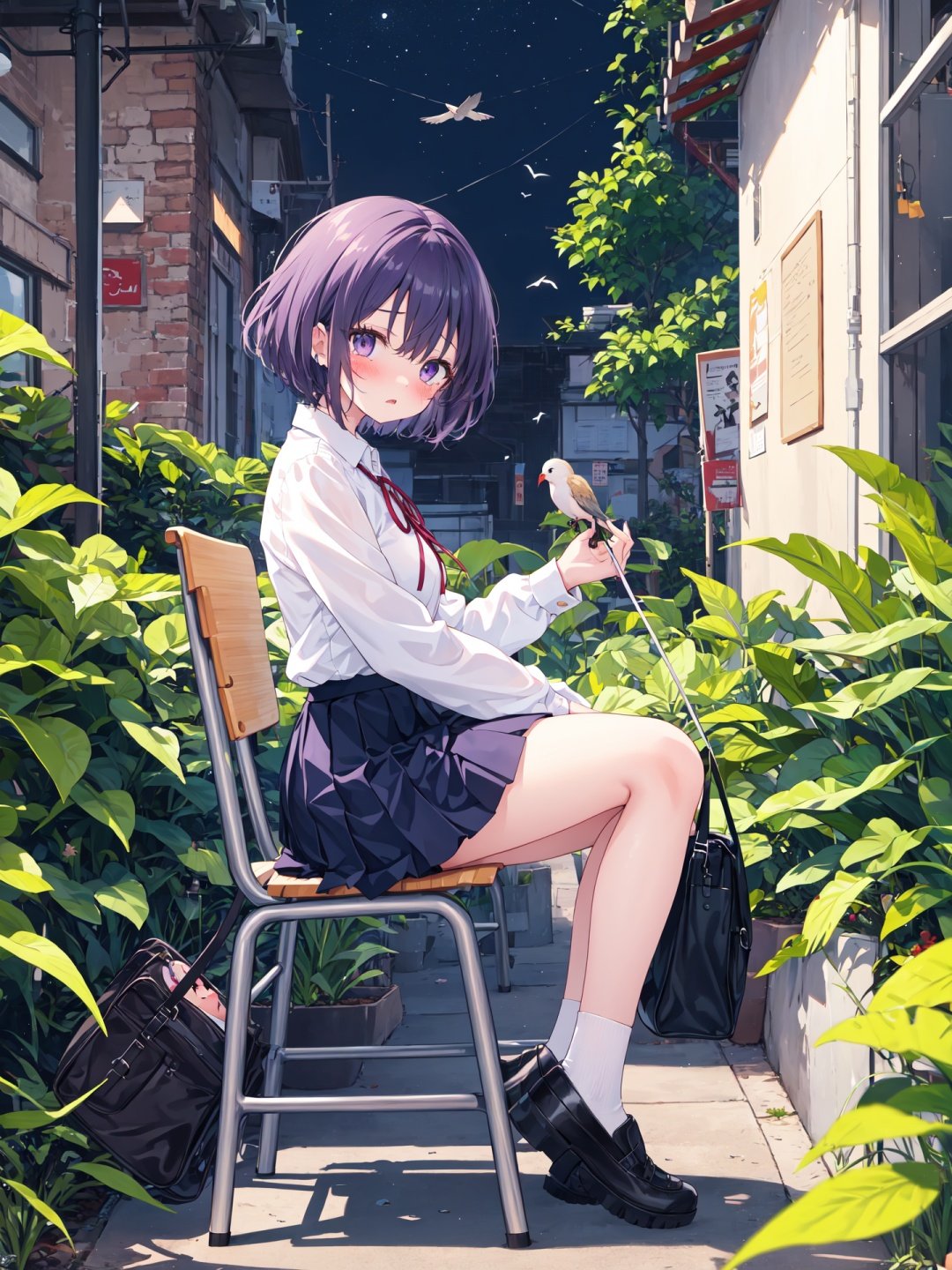 1girl, bag, bangs, bird, blurry, blush, building, claws, collared shirt, crying, day, fantasy, from side, giant, long hair, long sleeves, looking at viewer, night, outdoors, plant, pleated skirt, purple ribbon, scenery, school chair, shirt, shoes, short hair, signature, sky, solo, tree