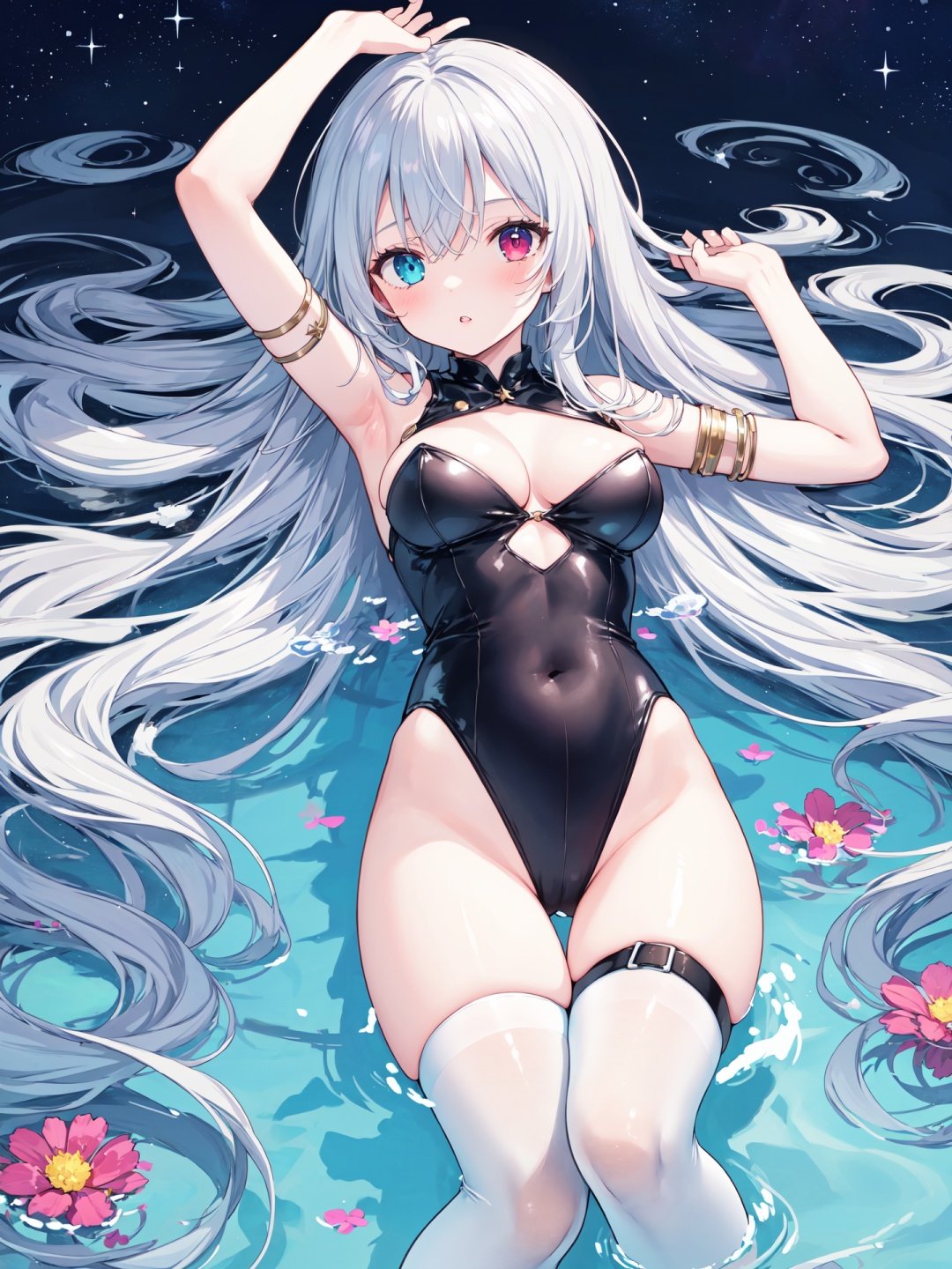 1girl,solo,heterochromia,breasts,thighhighs,long hair,purple eyes,leotard,partially submerged,water,lying,looking at viewer,on back,black thighhighs,medium breasts,parted lips,grey hair,cleavage,white leotard,red eyes,afloat,arm up,night,bare shoulders,armlet,ripples,from above,star \(sky\),clothing cutout,starry sky,bangs,thigh strap,sky,blue eyes,cleavage cutout,very long hair,