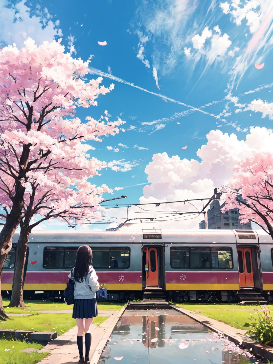 cherry blossoms, cloud, cloudy sky, day, grass, long hair, nature, open jacket, outdoors, plant, pleated skirt, reflection, ruins, scenery, sky, solo, standing, sunlight, train station, tree, water