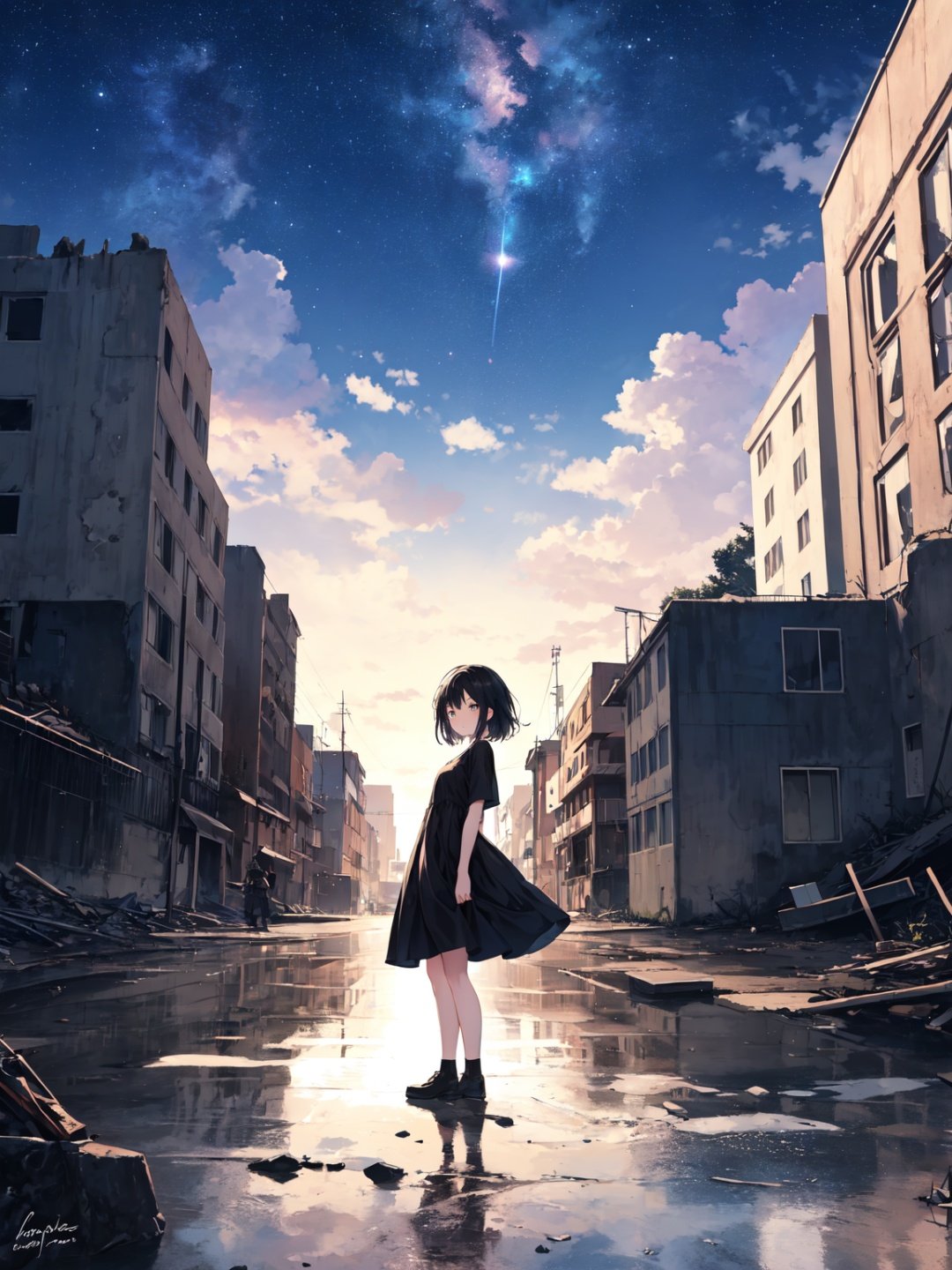 1girl,artist name,black hair,cloud,day,dress,fantasy,no humans,outdoors,post-apocalypse,ruins,scenery,shirt,short hair,short sleeves,signature,sky,standing,starry sky,tree,water,