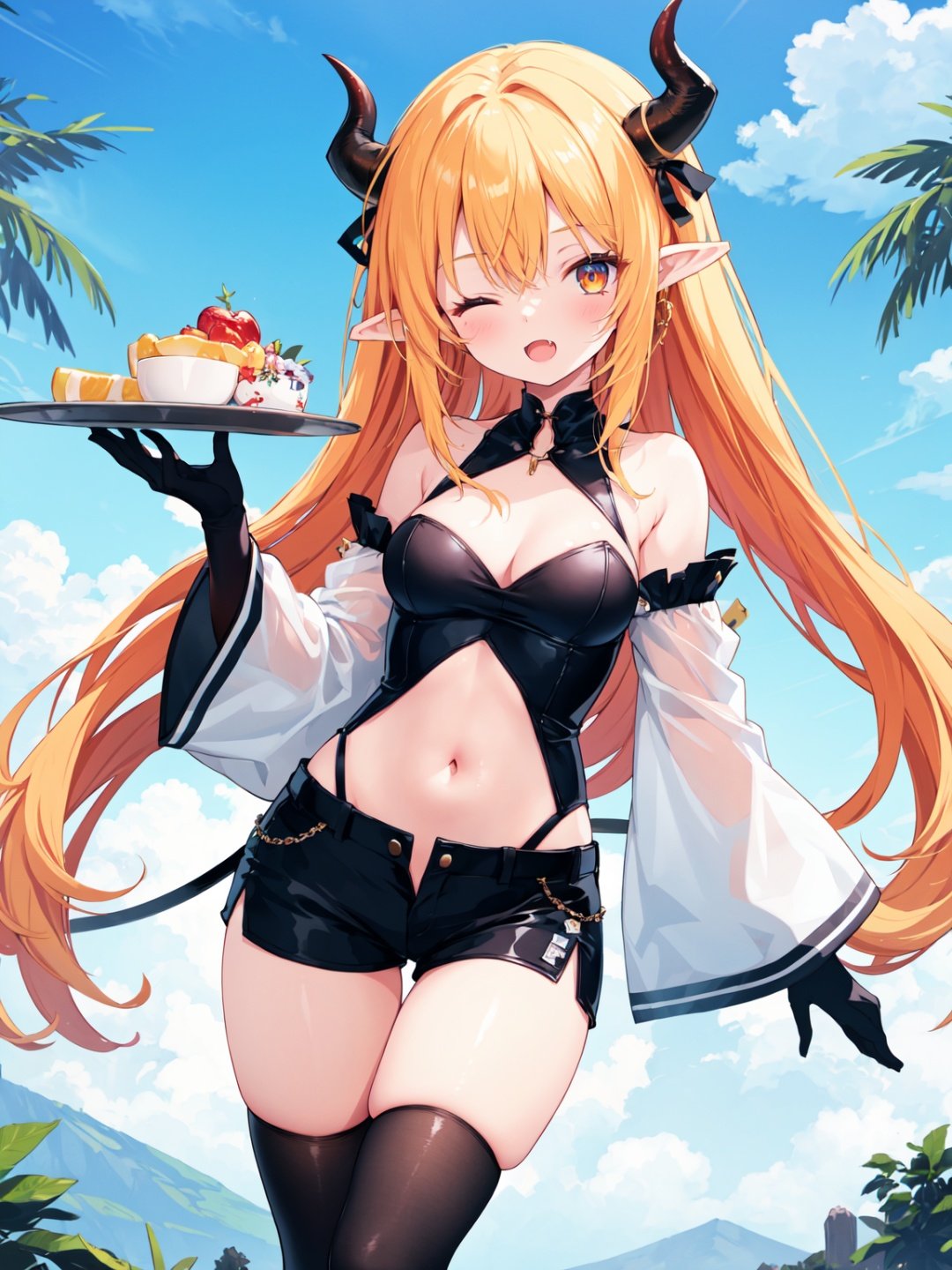 1girl, black horns, blonde hair, breasts, brooch, chain, collarbone, detached sleeves, elbow gloves, fang, forest, hair ornament, hair ribbon, horns, long hair, looking at viewer, navel cutout, one eye closed, orange hair, plate, pointy ears, shorts, solo, tail, thighhighs, tree, very long hair, white thighhighs, wide sleeves