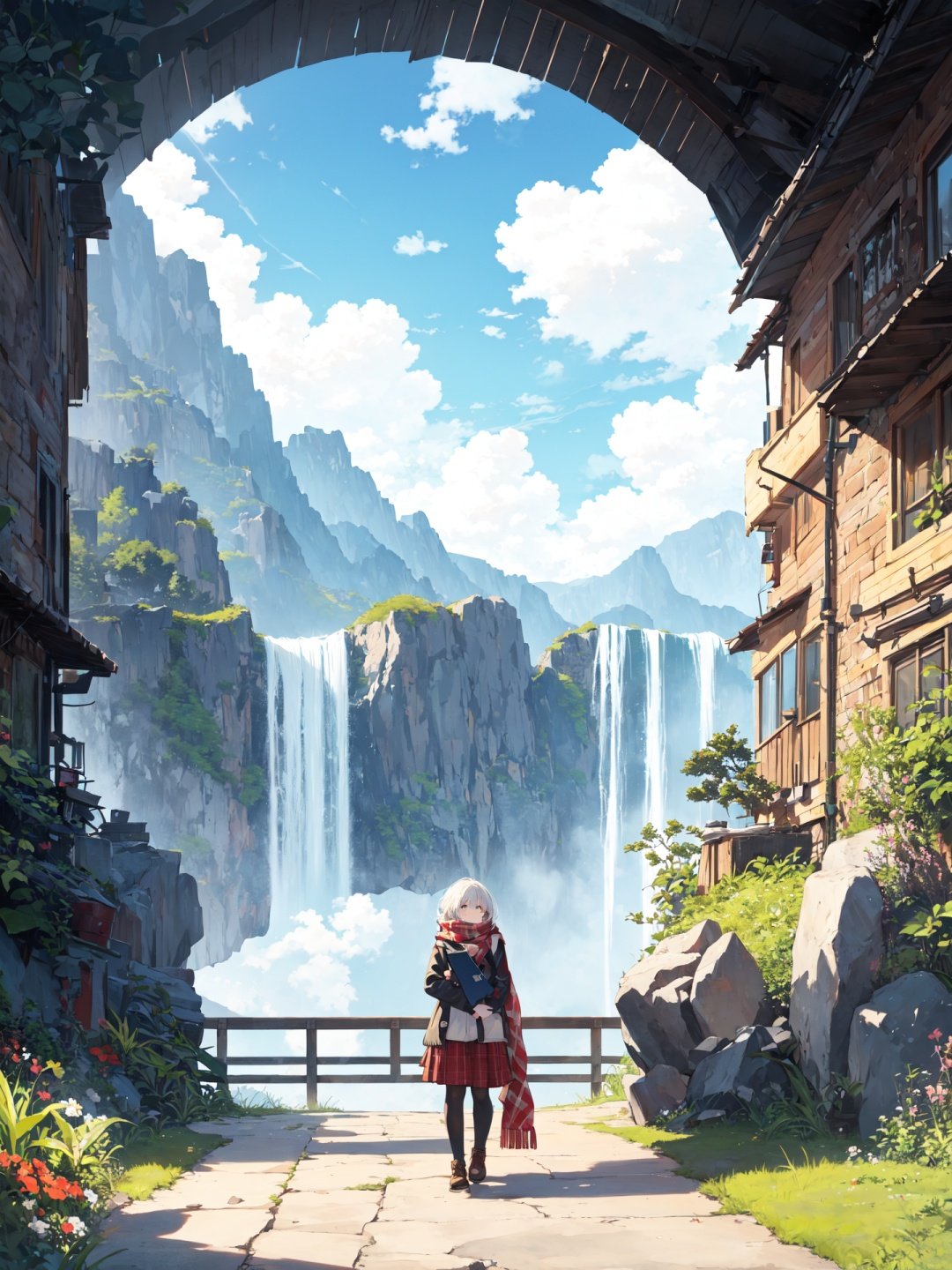 1girl,blurry,building,cloud,cloudy sky,fence,grass,indoors,mountain,outdoors,red bow,rock,scarf,scenery,sky,sunbeam,sunlight,sunset,waterfall,window,