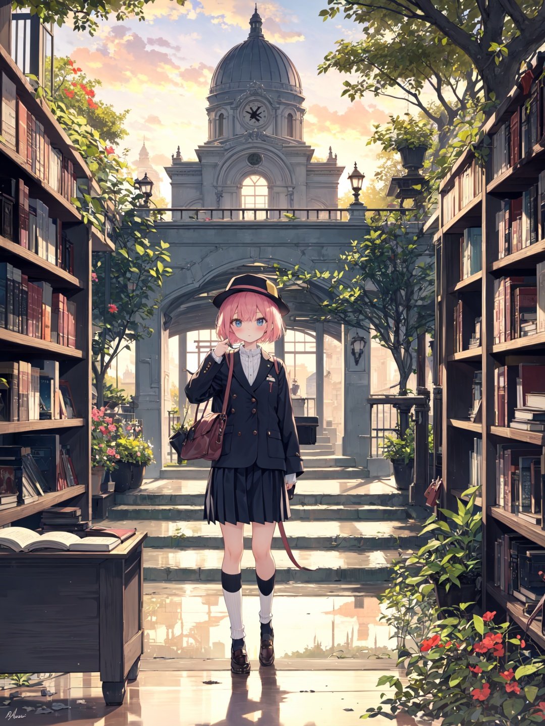 architecture,bag,blush,book stack,bridge,depth of field,full body,grand piano,hat,holding,holding umbrella,horizon,indoors,jacket,library,nature,no humans,outdoors,pleated skirt,pointing,scenery,short hair,signature,sky,socks,solo,standing,sunset,tree,