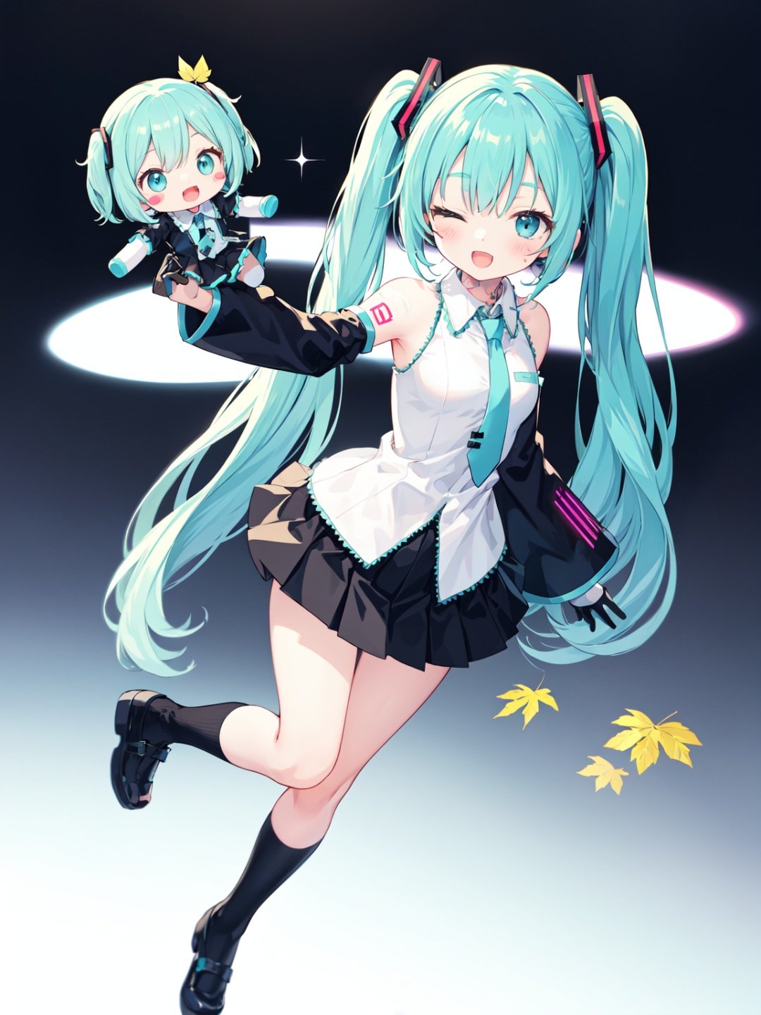 aqua hair, bare shoulders, black skirt, blurry background, blush, blush stickers, character doll, detached sleeves, dress, full body, gloves, hair ornament, hatsune miku, leaf, miniskirt, mismatched footwear, one eye closed, open mouth, pleated skirt, shoulder tattoo, skirt, sleeveless, smile, solid oval eyes, solo, starry sky, tattoo, twintails, very long hair, wanju\(fufu\), wanju\\\(fufu\\\)