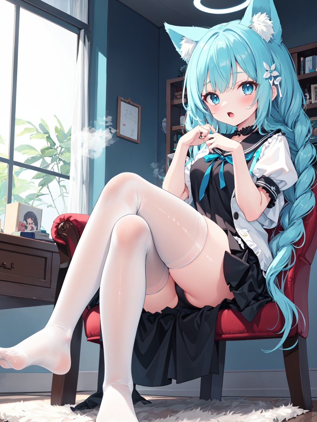 1girl, :o, animal ear fluff, animal ears, aqua hair, ass visible through thighs, bangs, black dress, black hair, blue eyes, blush, braid, breasts, crossed legs, dress, eyes visible through hair, feet, fox girl, frilled dress, frills, full body, hair ornament, halo, hand up, indoors, legs, long hair, looking at viewer, no shoes, on head, open mouth, puffy sleeves, serafuku, shirt, simple background, soles, solo, steam, thighs, ui (blue archive), very long hair, white leotard, white pantyhose, white thighhighs