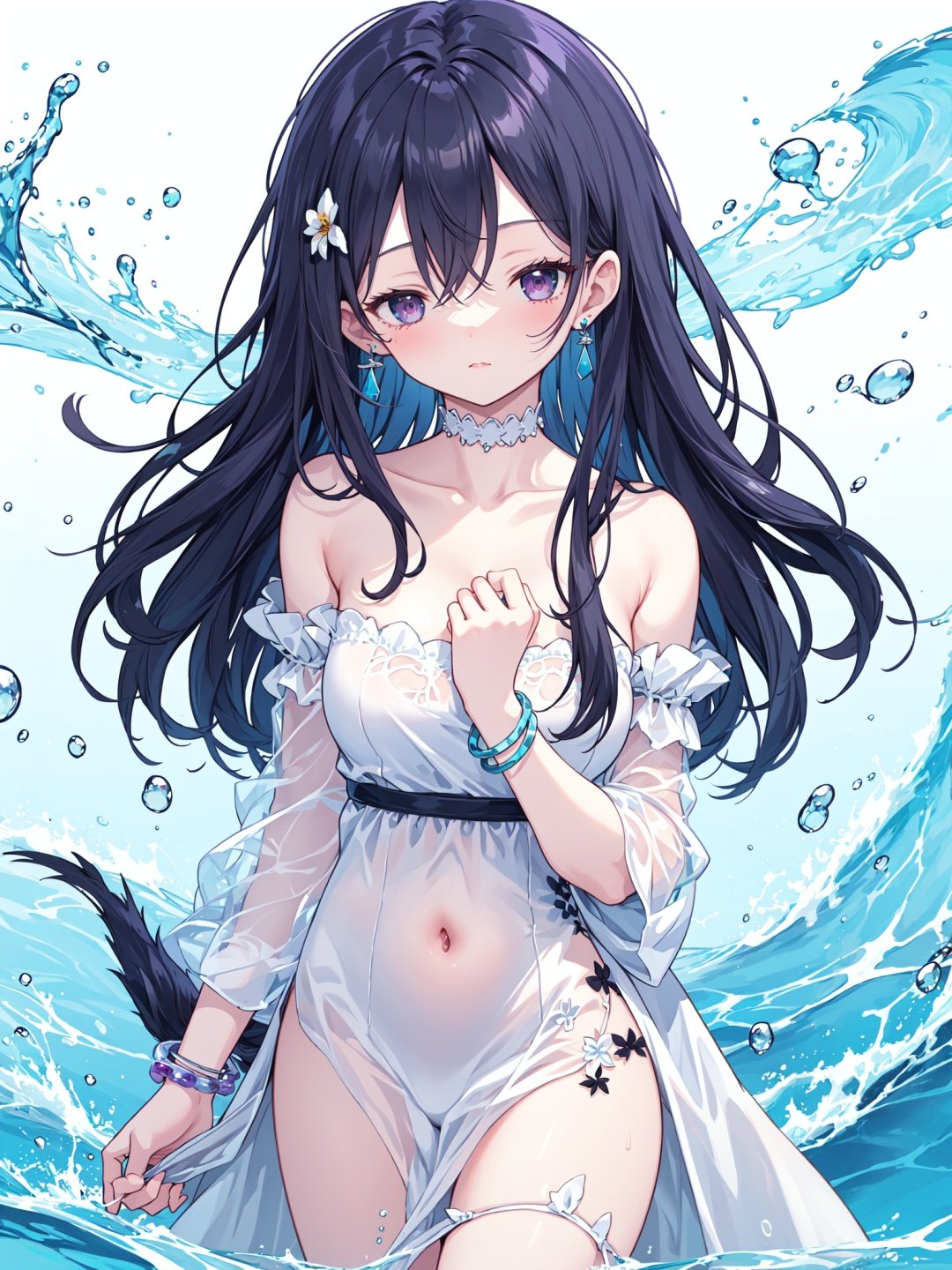 1girl,backless outfit,bare shoulders,bird,black hair,blue dress,blue hair,bracelet,bubble,closed eyes,cloud,collarbone,dress,earrings,flower,hair between eyes,hand on own chest,holding,jewelry,liquid clothes,long hair,looking at viewer,solo,strapless dress,tail,very long hair,water,water drop,waves,white background,white dress,wide sleeves,