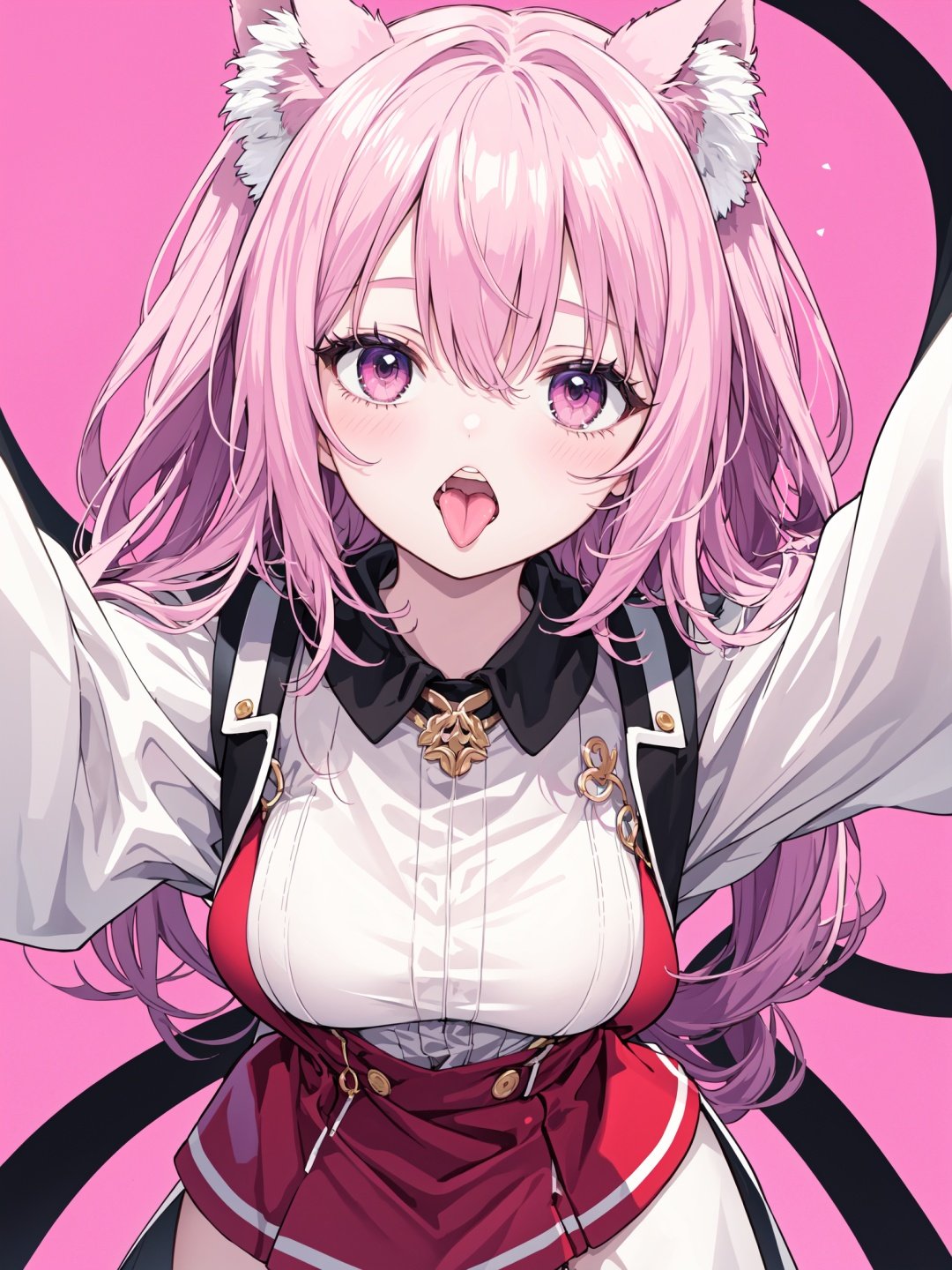 1girl, animal_ears, eagle, long_hair, open_mouth, pink_background, teeth, tongue