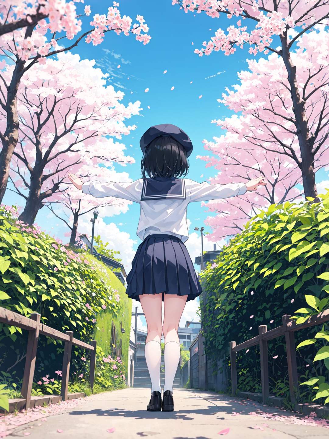 1girl,black hair,blue sky,blue theme,blurry,cherry blossoms,cloud,day,forest,hat removed,long hair,no humans,outdoors,outstretched arms,planet,plant,railing,scenery,school uniform,sheath,shoes,short hair,skirt,sky,solo,standing,sunlight,tree,wide shot,