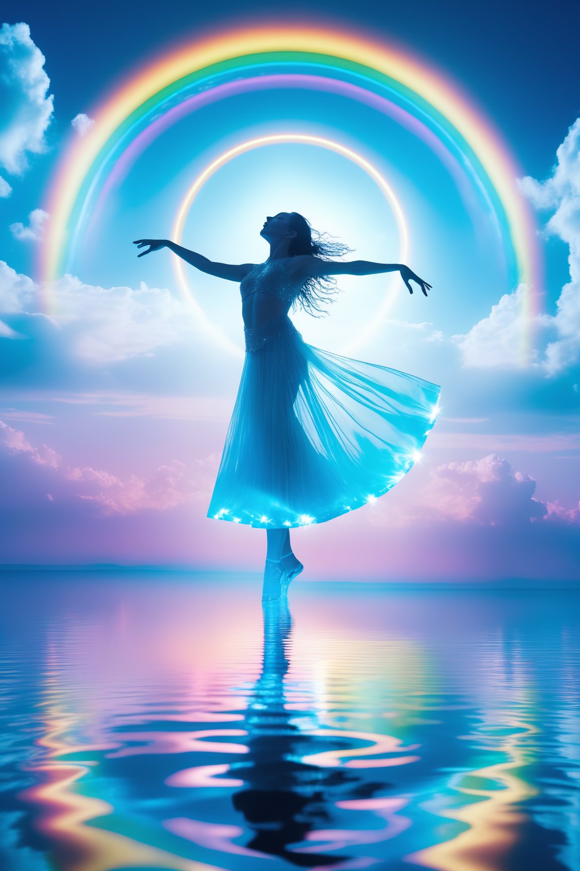 masterpiece, best quality, a woman dancing on water, dancing on water, beautiful scenery, gleam, bioluminescence, ray tracing, cloud, sky, water, rainbow, (finely detailed), (fujifilm), (35mm), (full body), (cinemtaitc, heavy contrast), Circle,magical circle, elemental