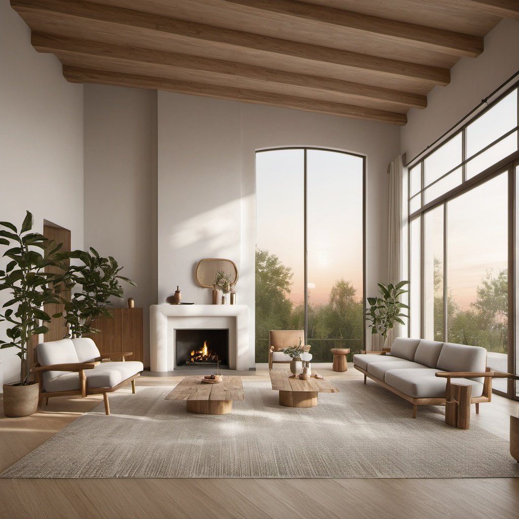 best quality,masterpiece,8k wallpaper, Fireplace, indoors,floor-to-ceiling windows, potted plant,log table,sunset, streamline