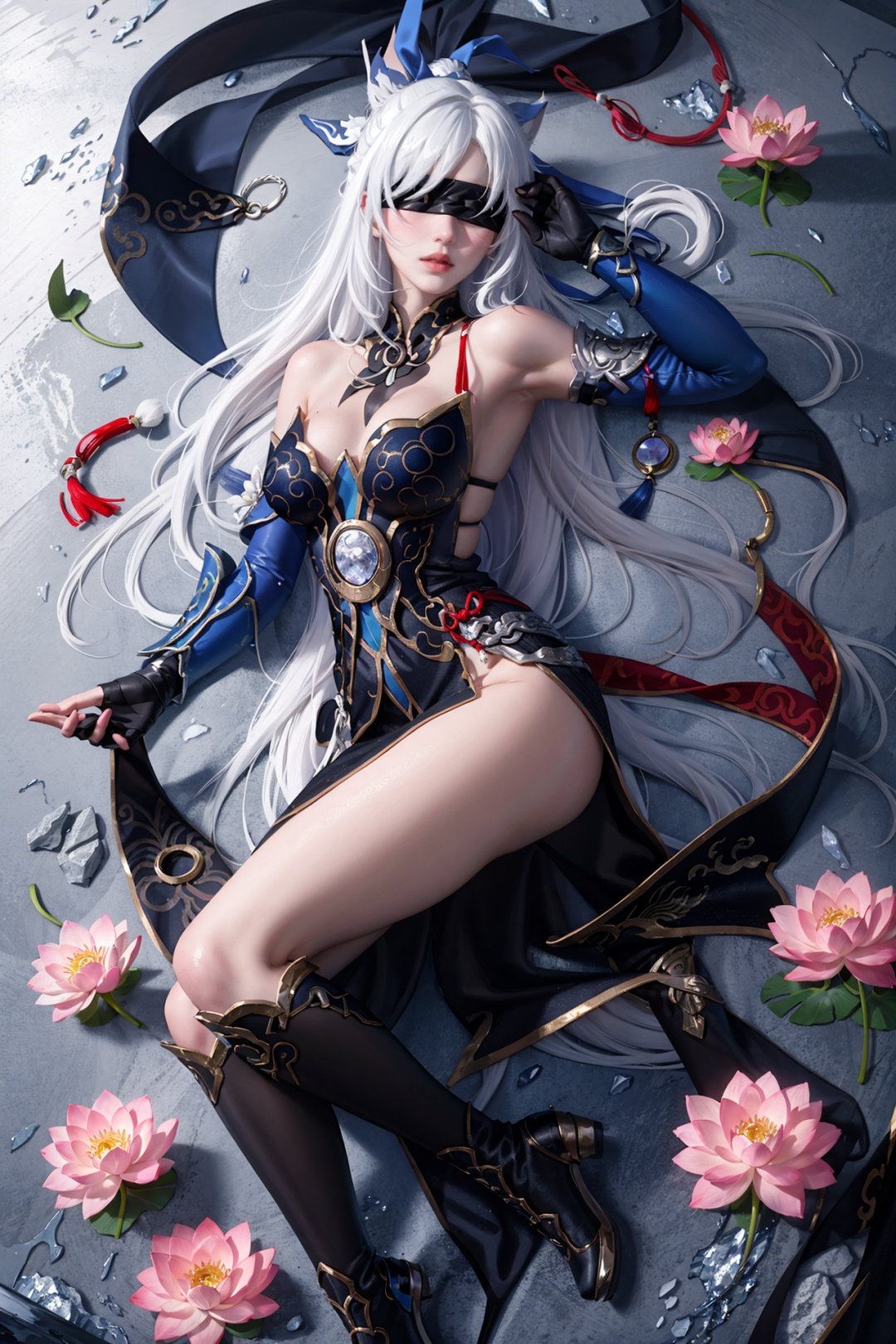 realistic,jingliu, silver hair, elbow gloves, long hair, (blindfold:1.2), boots, bare shoulders, dress, hair ribbon,fancy
masterpiece,Ancient Chinese beauty on stone,wearing ancient Chinese clothing,flowing tulle,light silk,lazy pose,large lotus leaves,lotus flowers,ink painting style,clean colors,decisive cutting,white space,freehand,masterpiece,super detailed,epic composition,high quality,highest,good hands,quality,2.5D,1girl,Imminentpenetration,ingliu