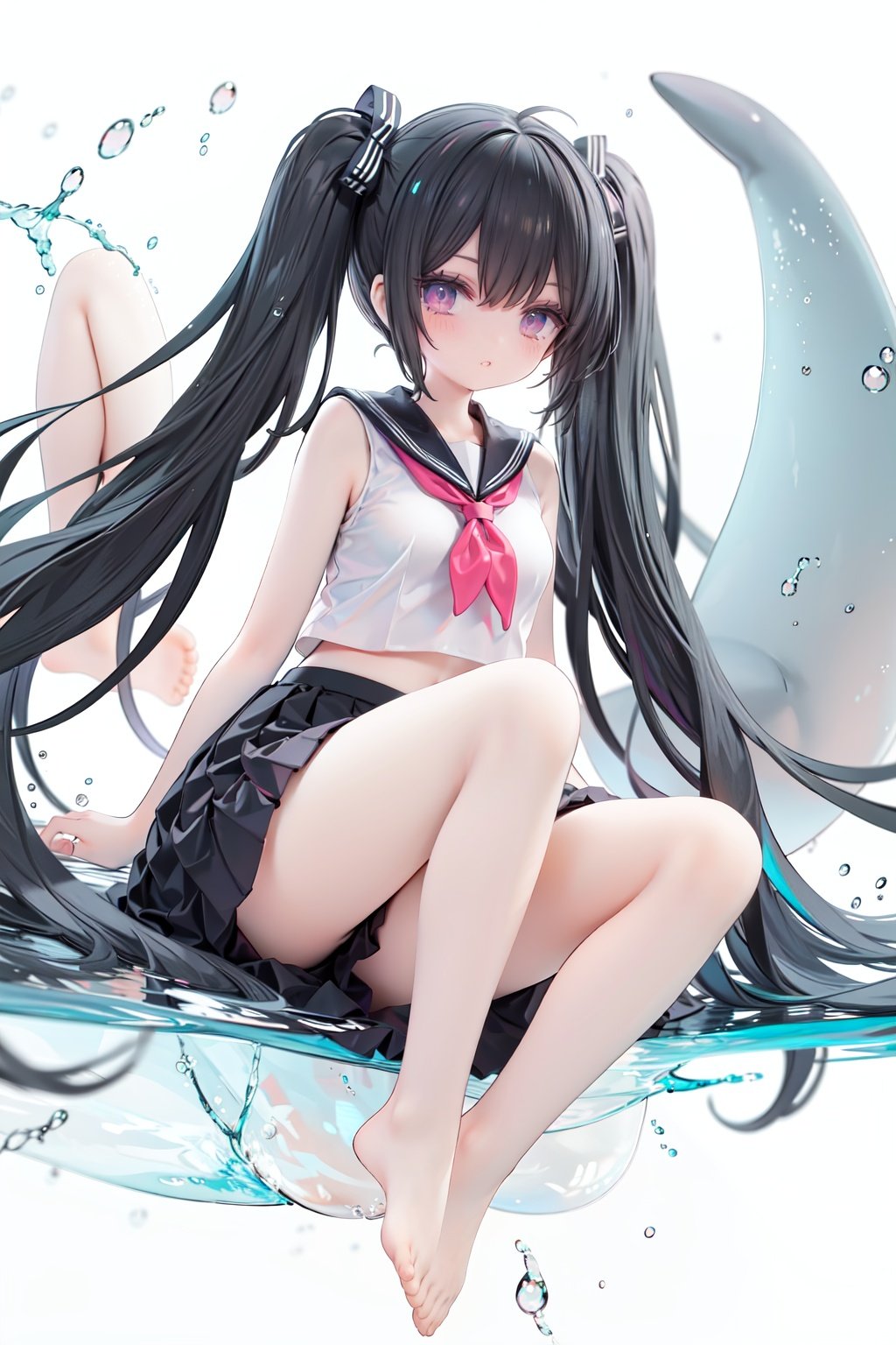 masterpiece, ((best quality)), (ultra-detailed), (illustration), an extremely delicate and beautiful, dynamic angle, chromatic aberration,((Medium shot)), ((colorful)),1girl, long hair, solo, skirt, black hair, barefoot, very long hair, black skirt, school uniform, shirt, white shirt, serafuku, looking at viewer, pleated skirt, bare legs, sitting, neckerchief, floating hair, navel, midriff, sailor collar, crop top, purple eyes, bangs, sleeveless, water, closed mouth, whale, full body, dolphin, twintails, reflection, black sailor collar, miniskirt