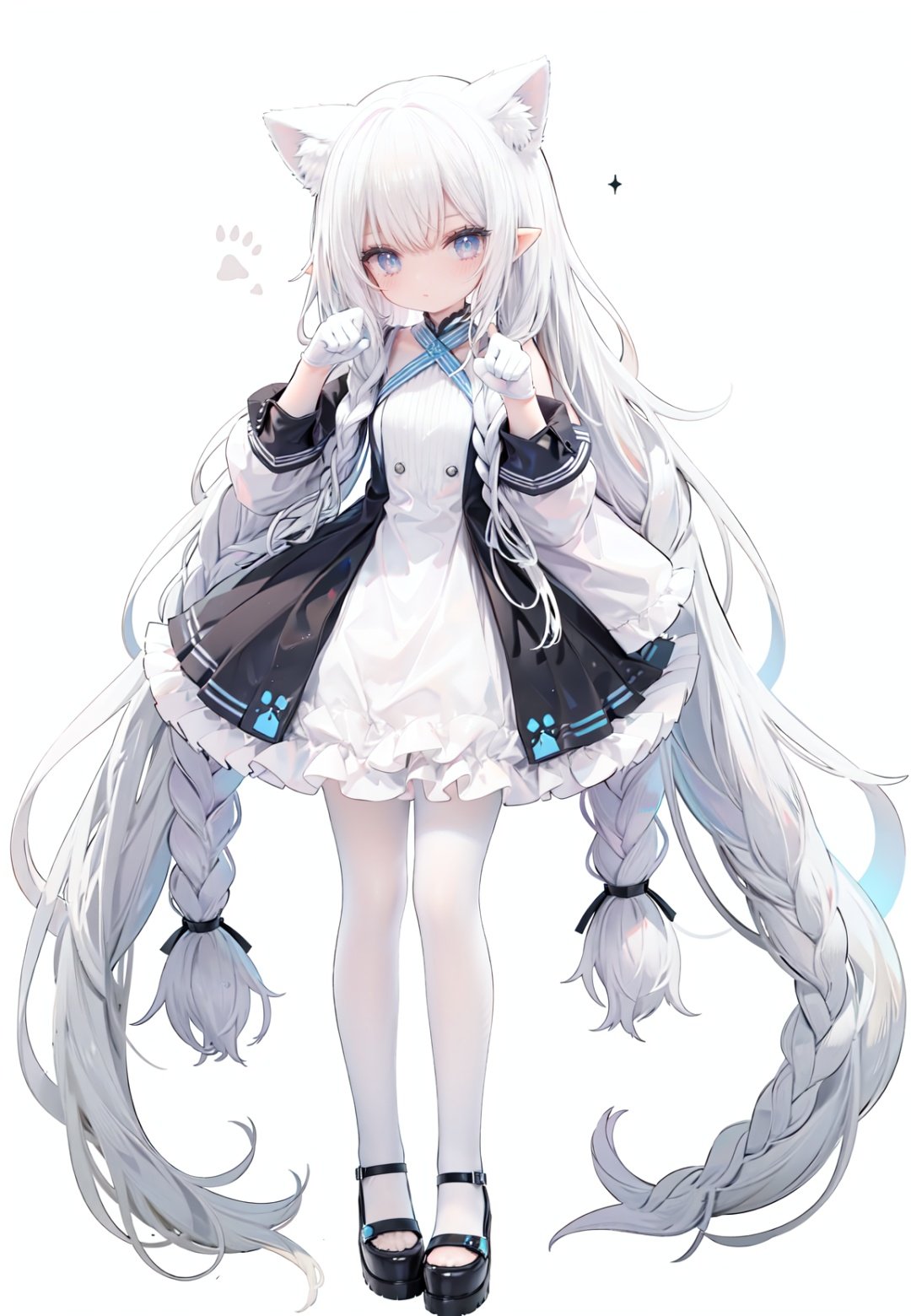 1girl, white_gloves, braid, full_body, gloves, long_hair, official_alternate_costume, pointy_ears, simple_background, solo, standing, very_long_hair, white_background,white hair,blue eyes,paw claw pose, open_mouth,