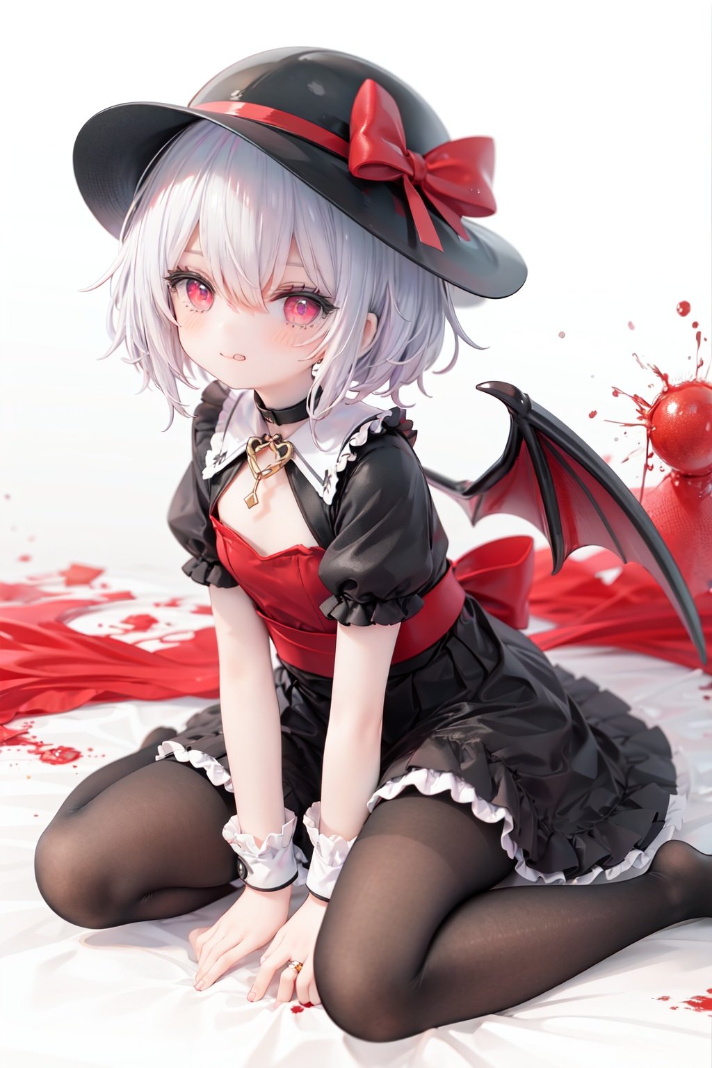 (little girl:1.4), (child:1.4),(petite:1.4), (loli:1.4),,,((solo:1.3)).,1girl, solo, wings, red eyes, hat, remilia scarlet, red background, mob cap, bat wings, ascot, blood, short sleeves, bow, short hair, ribbon, blood on hands, looking at viewer, simple background, full body, puffy sleeves, hat ribbon, blood on face, dress, brooch, red nails, pantyhose, red bow, puffy short sleeves, smile, black pantyhose, wrist cuffs, red ribbon, sitting, jewelry, red ascot, frills, hair between eyes, skirt, white dress, fingernails, sash, shirt, nail polish, no shoes, red theme, sharp fingernails, bangs, tongue, hat bow, grey hair, closed mouth, tongue out, white headwear, slit pupils, blood on clothes, skirt set, hand up, frilled sleeves, invisible chair, white skirt, vampire, frilled shirt collar/.,\nSolo,Battle, {{{{{Slash}}}}},Killing,Attacker,{{Fierce movement}},Ninja,Bloodstain,Core shadow,splatter,{Blood},{{{{Battle scene}}}},angry,Intricate,,{{{Dynamic angle}}},{Stylish pose},{High contrast,Extremely detailed CG unity 8K wallpaper} Sense of movement,blurry background,Kaotic,Lunatic,[[[[[hyper paint, rough design, flat color]]]]],Grin,Whole body,Colorful background,Intricate,Girl wearing black suit,Looking at viewers,{{Stylish}},Persona 5 style art,{{{all out attack(persona 5)}}}